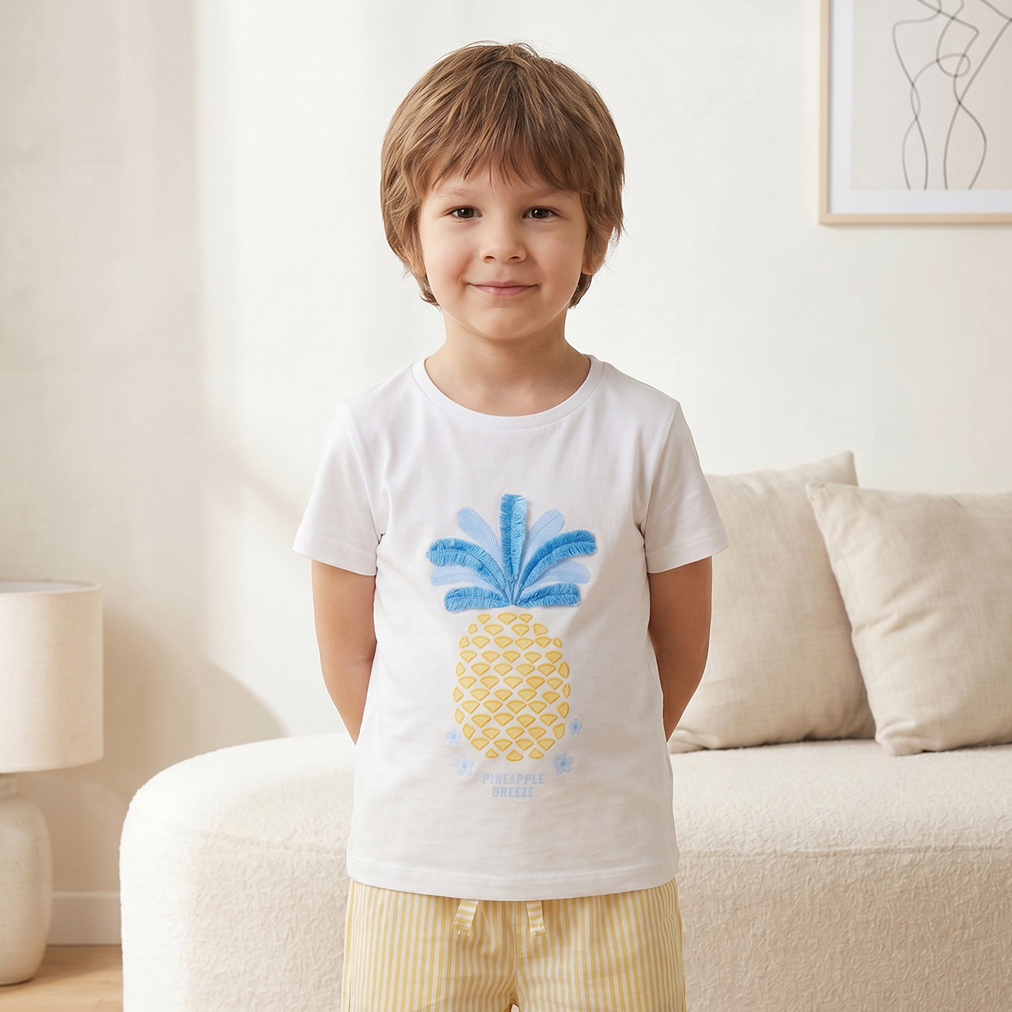 Juniors Cotton Crew Neck Short Sleeves Pyjama Set with Pineapple Print-girls-clothing-nightwear-image-2