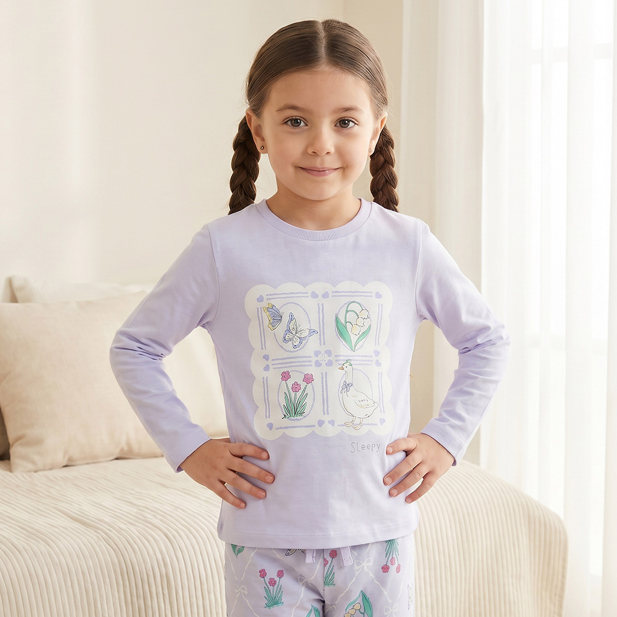 Juniors Cotton Crew Neck Long Sleeves Pyjama Set with Graphic Print-girls-clothing-nightwear-image-2
