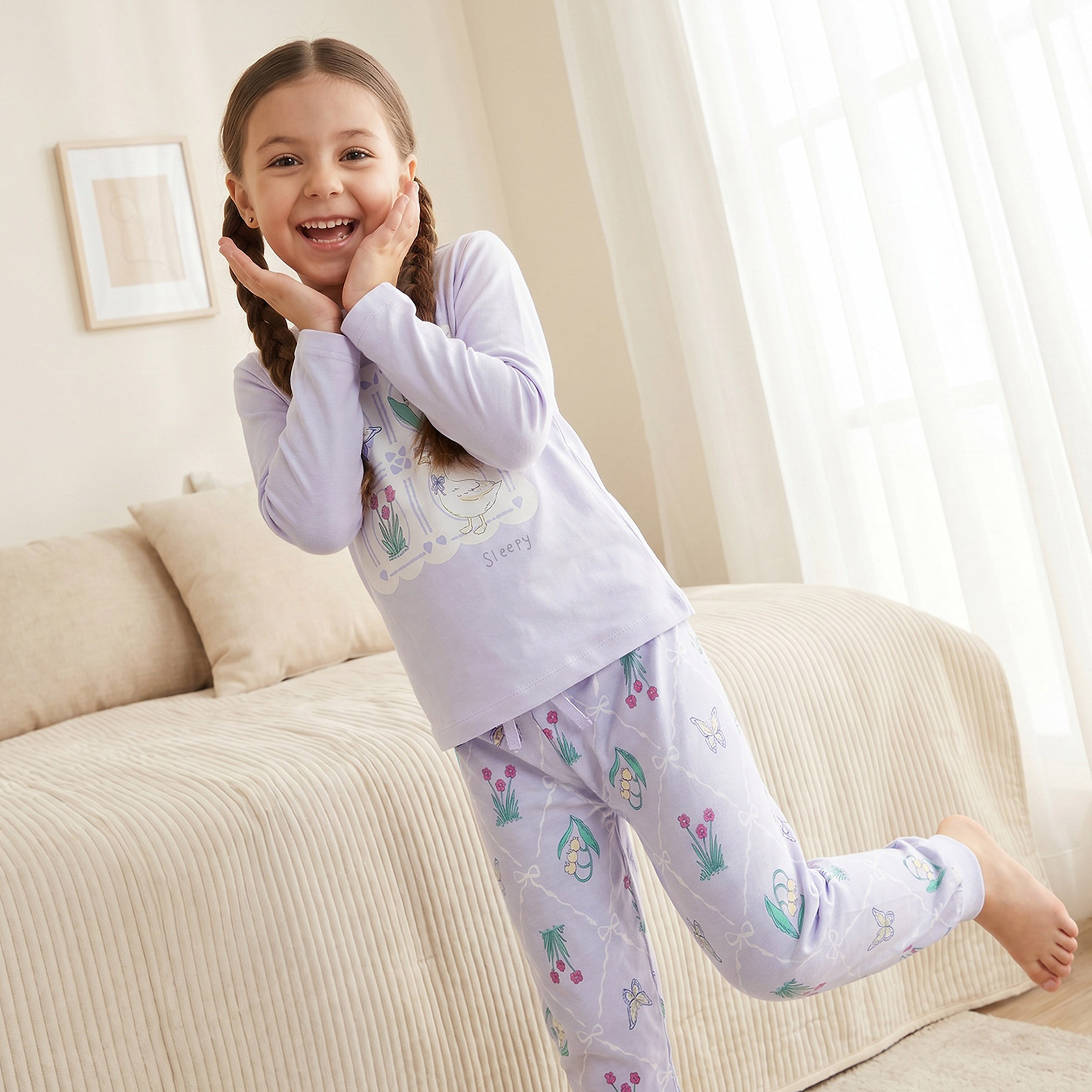 Juniors Cotton Crew Neck Long Sleeves Pyjama Set with Graphic Print-girls-clothing-nightwear-image-7