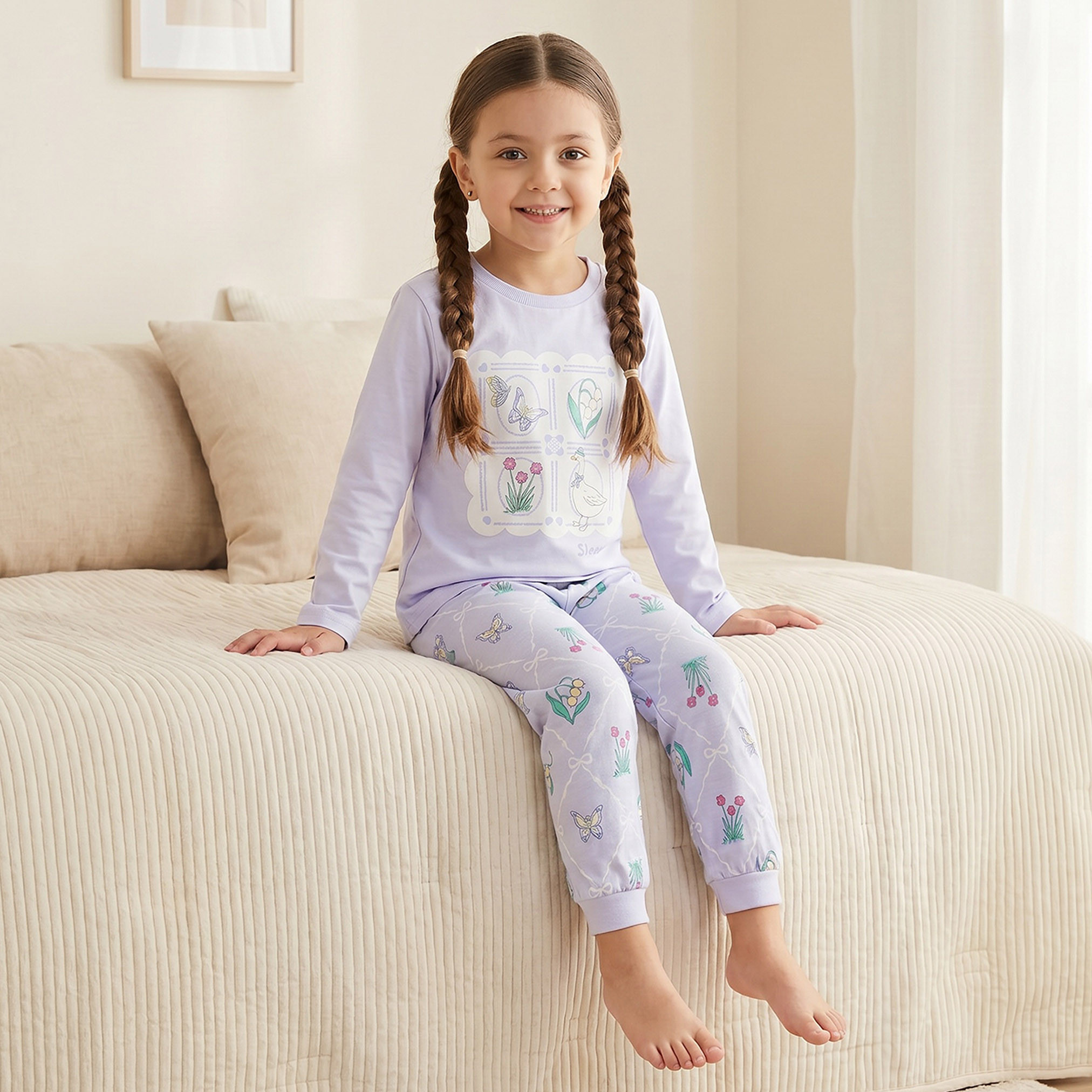 Juniors Cotton Crew Neck Long Sleeves Pyjama Set with Graphic Print-girls-clothing-nightwear-image-8