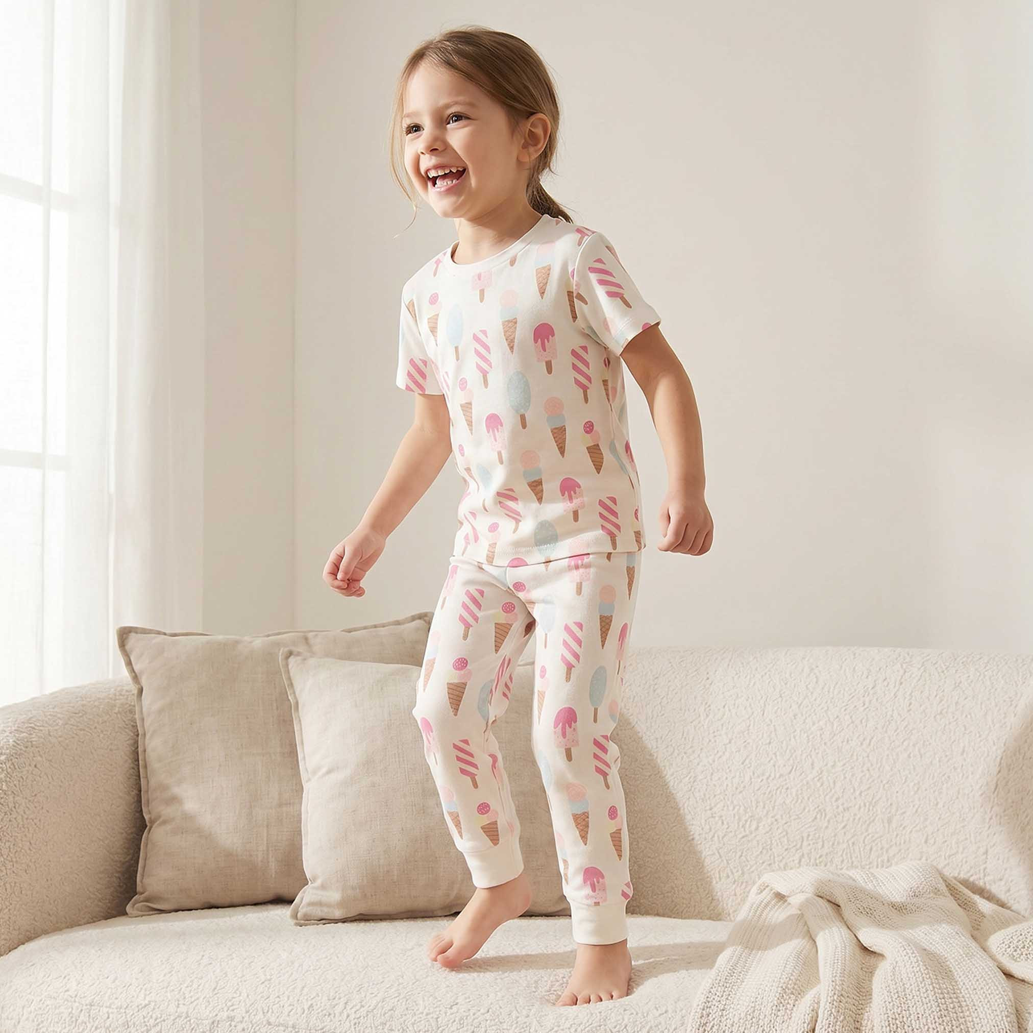 طقم بيجاما قطن بطبعات آيس كريم وياقة ضيقة وأكمام قصيرة من جونيورز-girls-clothing-nightwear-image-1