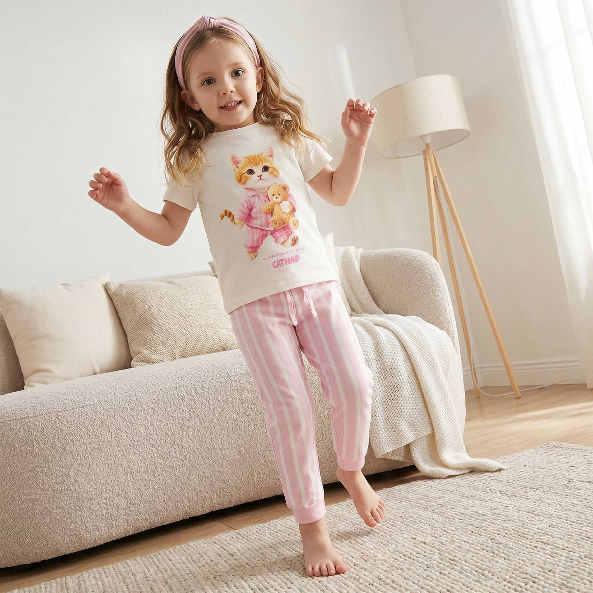 Juniors Cotton Crew Neck Short Sleeves Pyjama Set with Cat Print-girls-clothing-nightwear-image-1