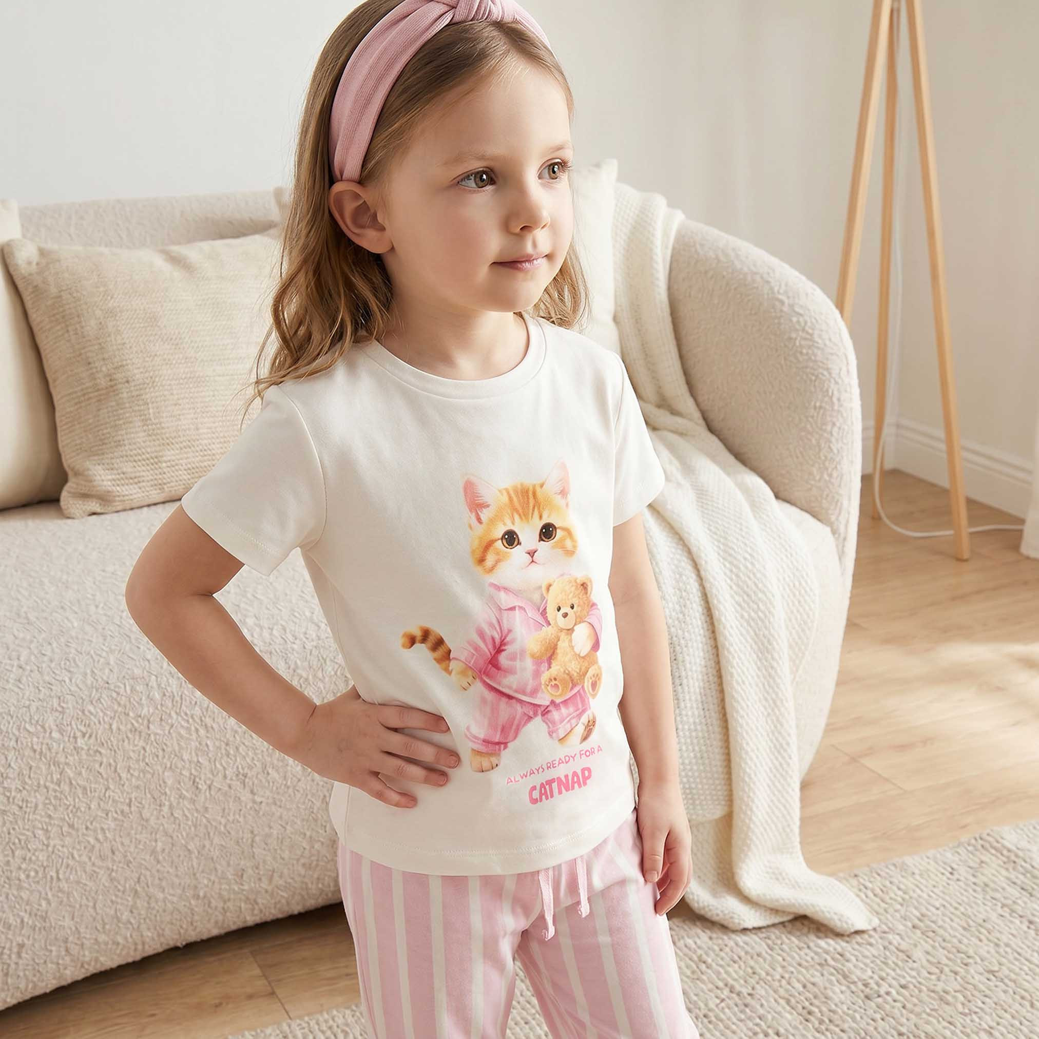 Juniors Cotton Crew Neck Short Sleeves Pyjama Set with Cat Print-girls-clothing-nightwear-image-2