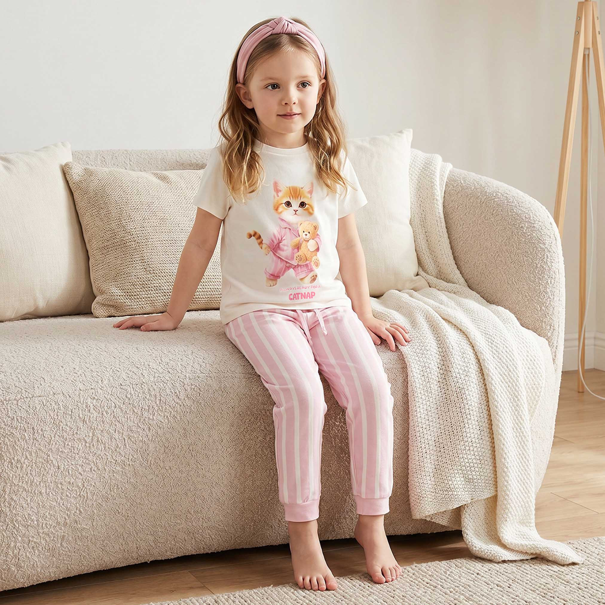 Juniors Cotton Crew Neck Short Sleeves Pyjama Set with Cat Print-girls-clothing-nightwear-image-7