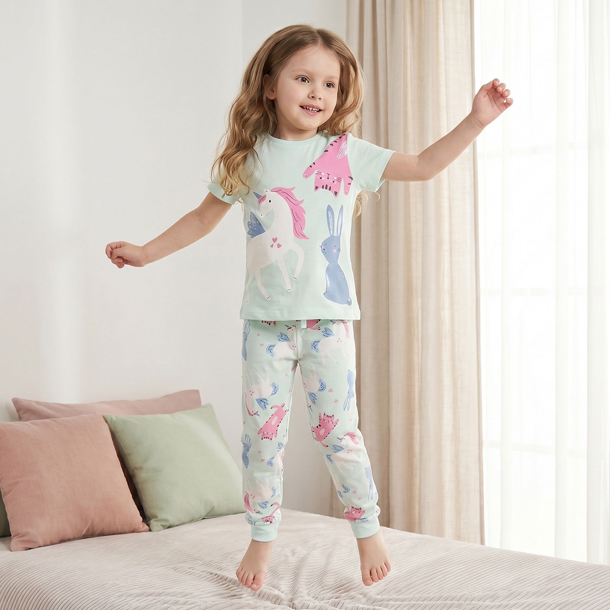 Juniors Cotton Crew Neck Short Sleeves Pyjama Set with Cat Print-girls-clothing-nightwear-image-1