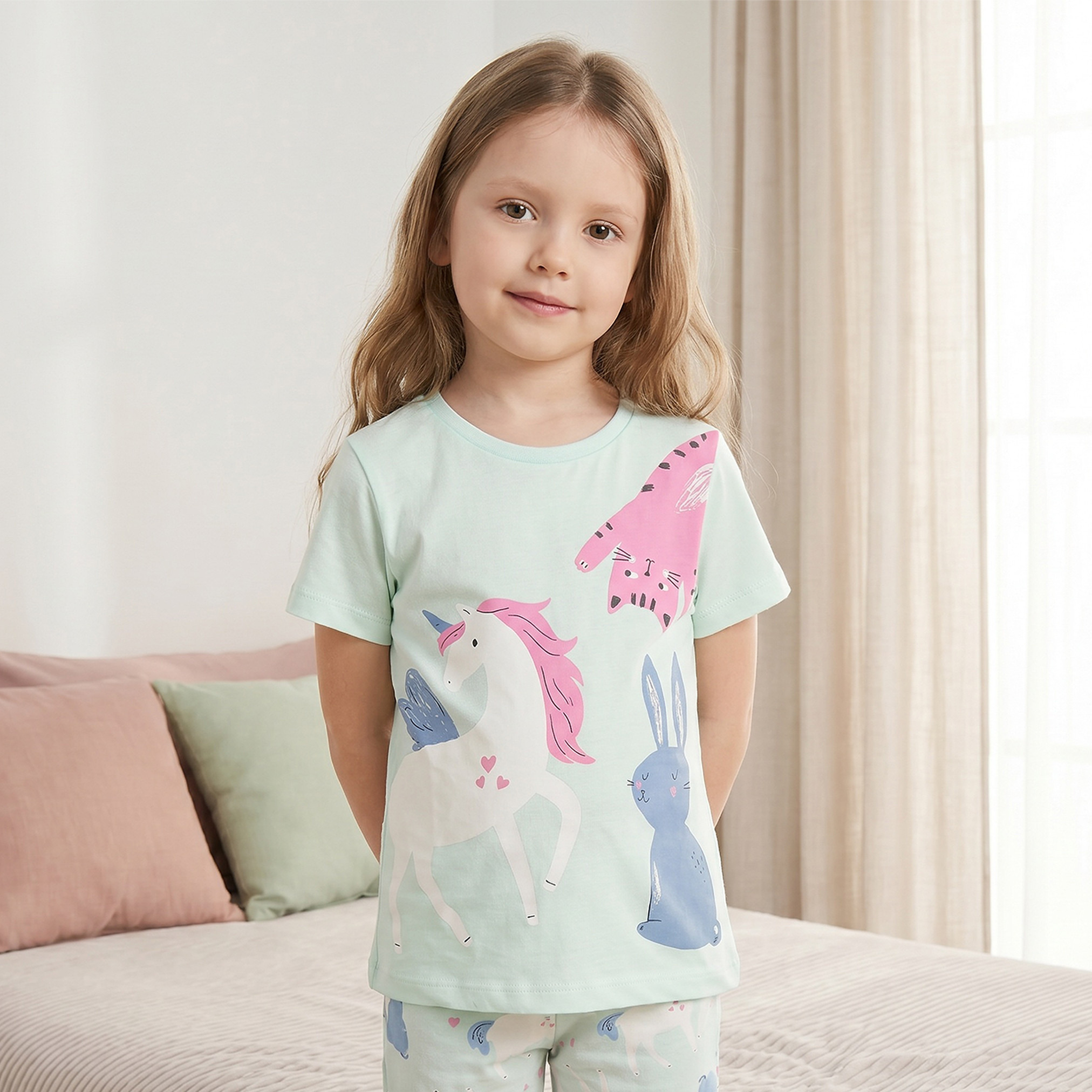 Juniors Cotton Crew Neck Short Sleeves Pyjama Set with Cat Print-girls-clothing-nightwear-image-2
