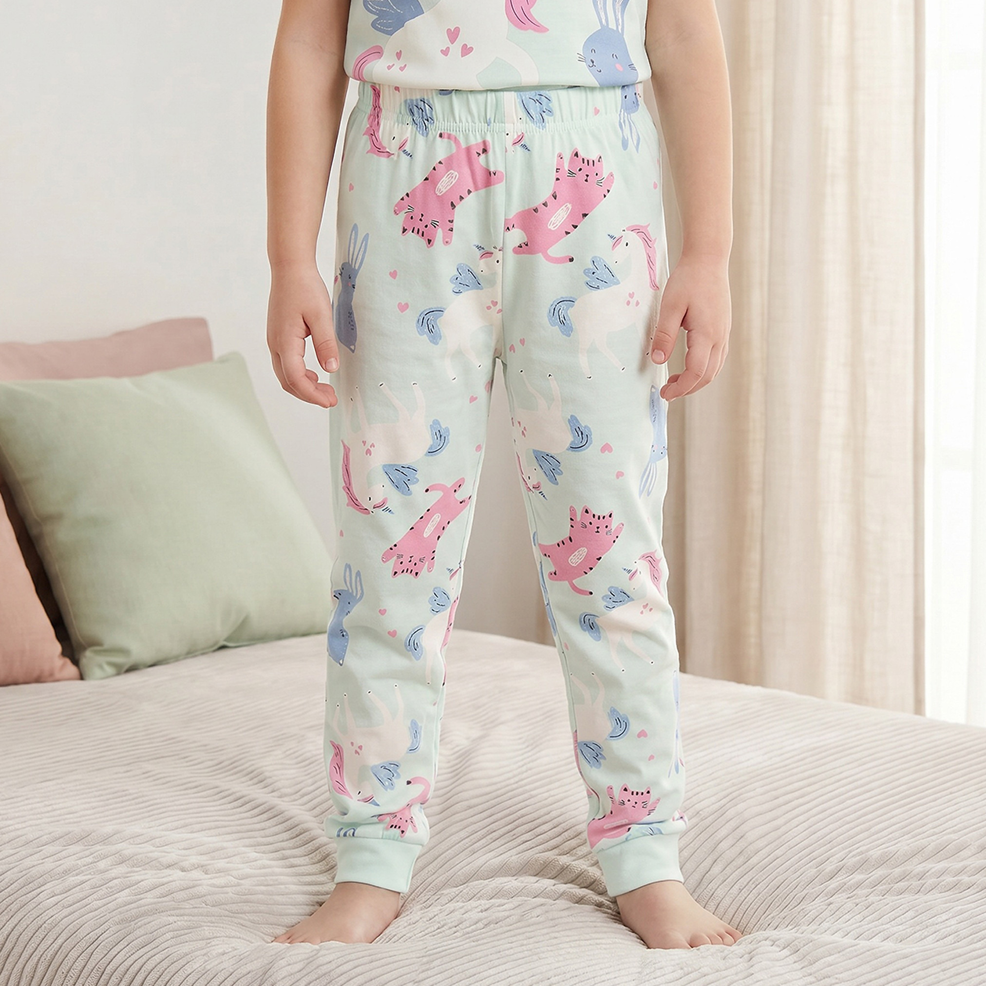 Juniors Cotton Crew Neck Short Sleeves Pyjama Set with Cat Print-girls-clothing-nightwear-image-3