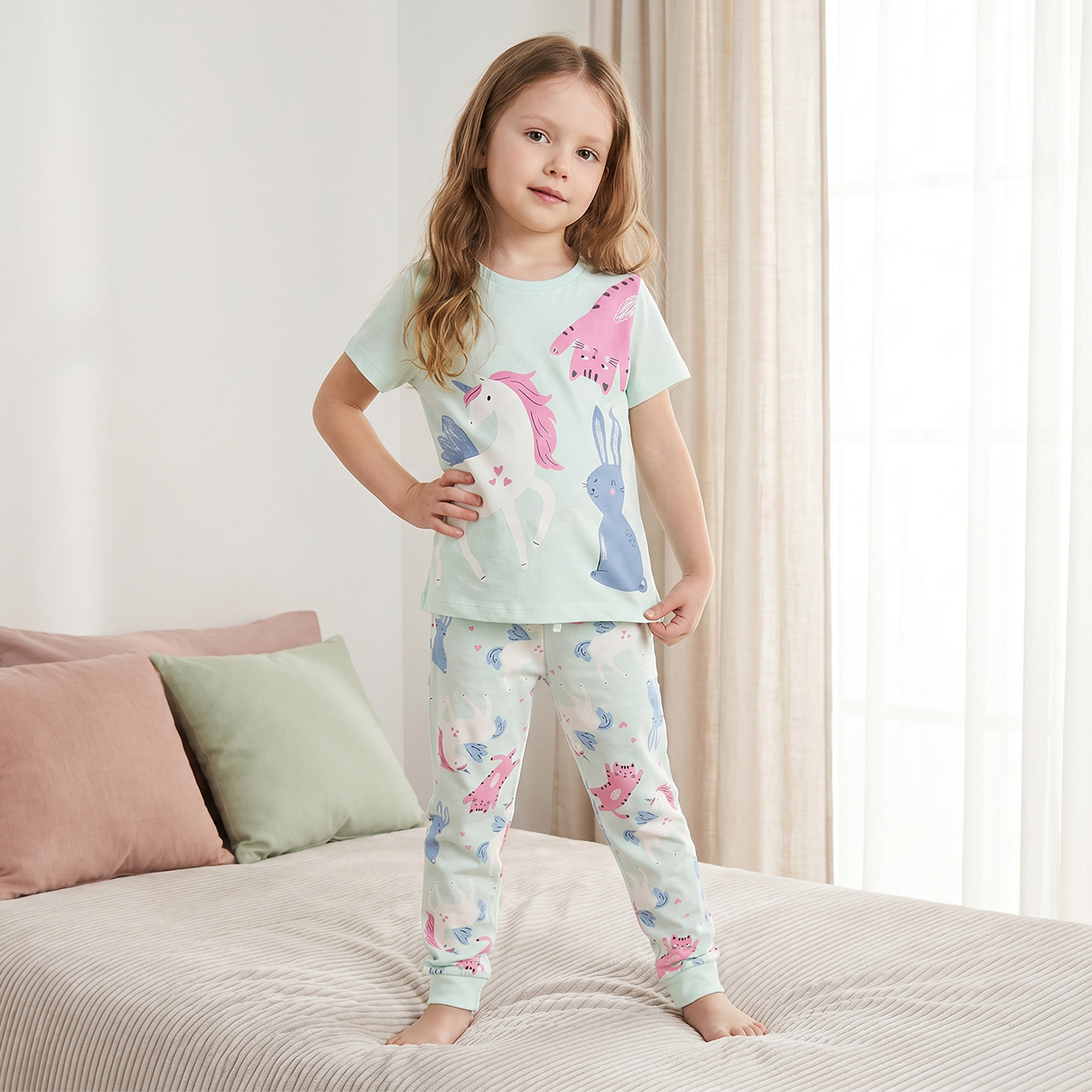 Juniors Cotton Crew Neck Short Sleeves Pyjama Set with Cat Print-girls-clothing-nightwear-image-7