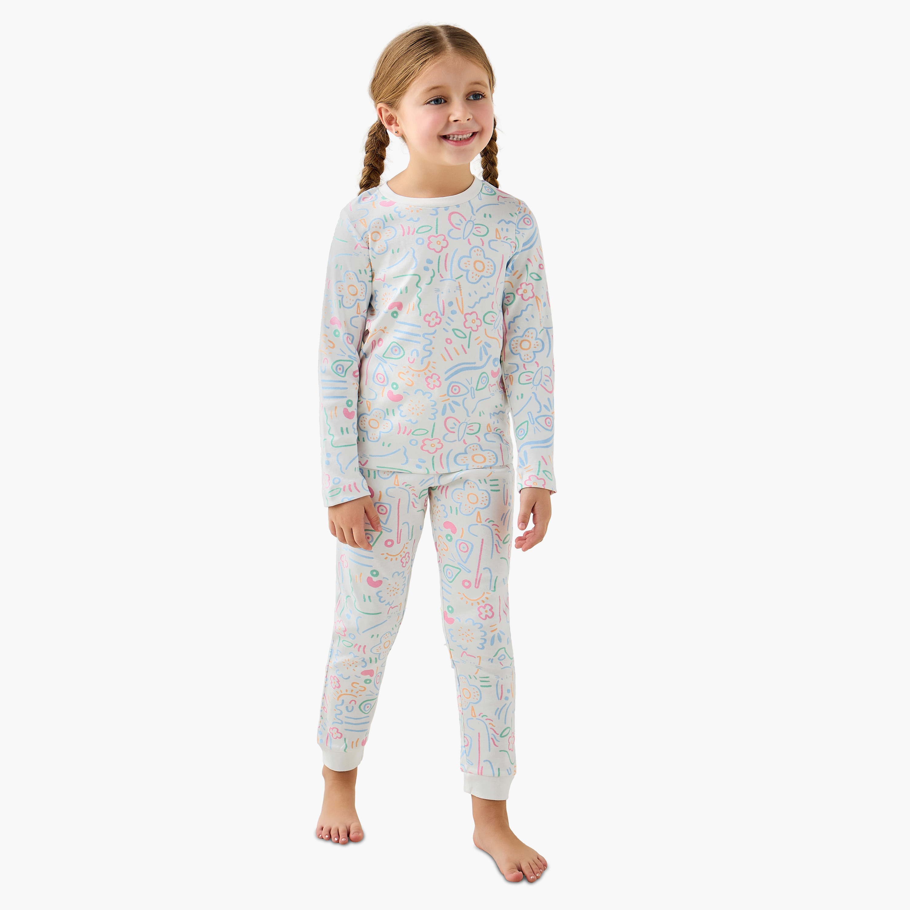 Juniors Cotton Crew Neck Long Sleeves Pyjama Set with Print-baby-girls-clothing-nightwear-pyjamasets-image-1