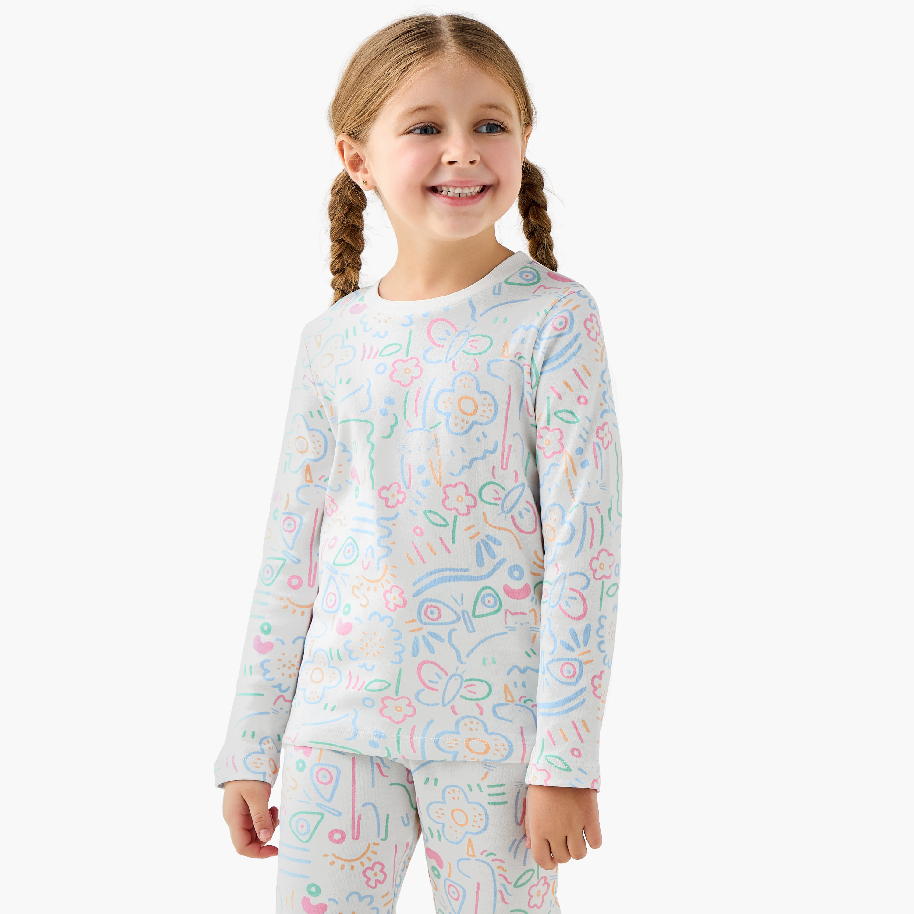 Juniors Cotton Crew Neck Long Sleeves Pyjama Set with Print-baby-girls-clothing-nightwear-pyjamasets-image-2