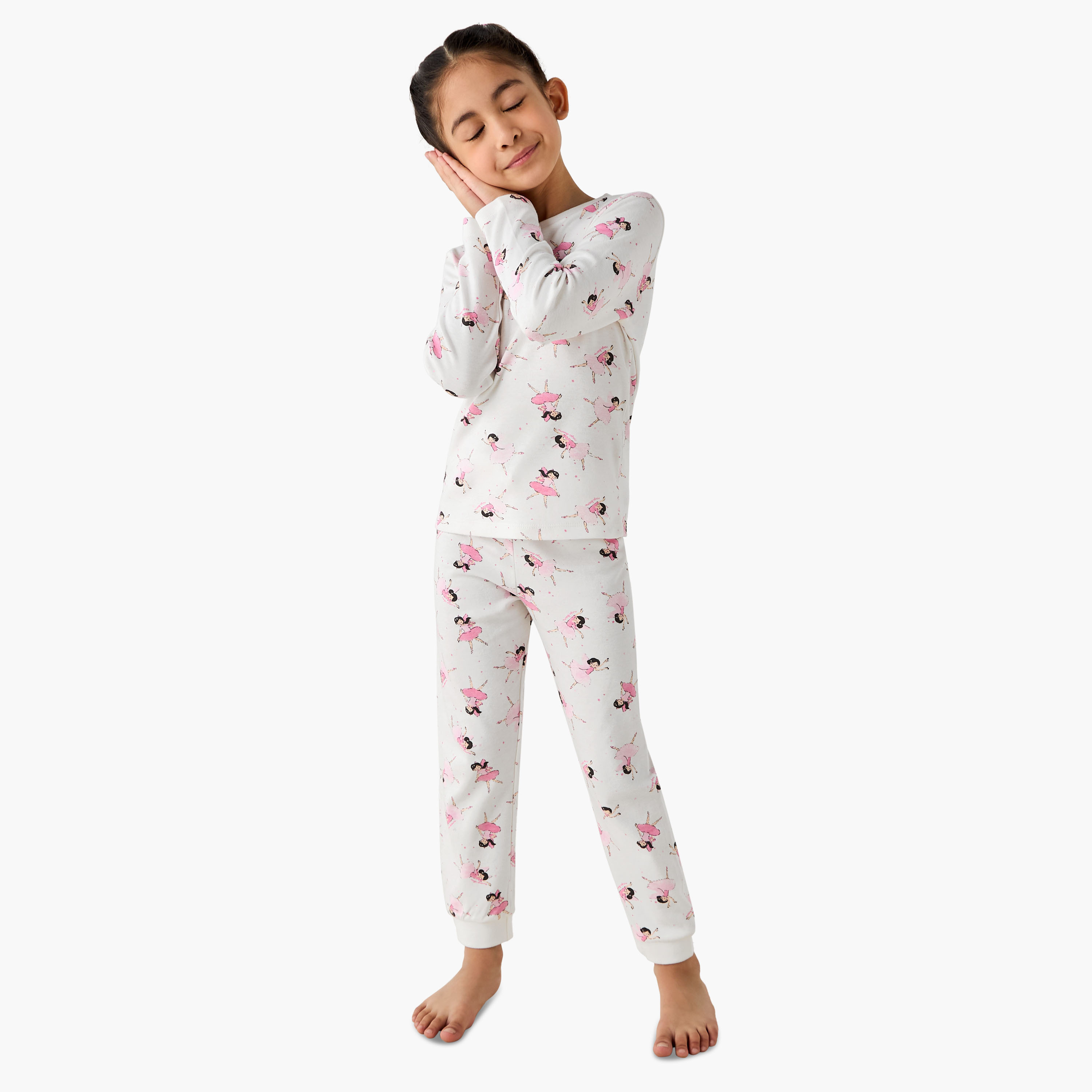 Juniors Cotton Crew Neck Long Sleeve Pyjama Set with Ballerina Print-baby-girls-clothing-nightwear-pyjamasets-image-1