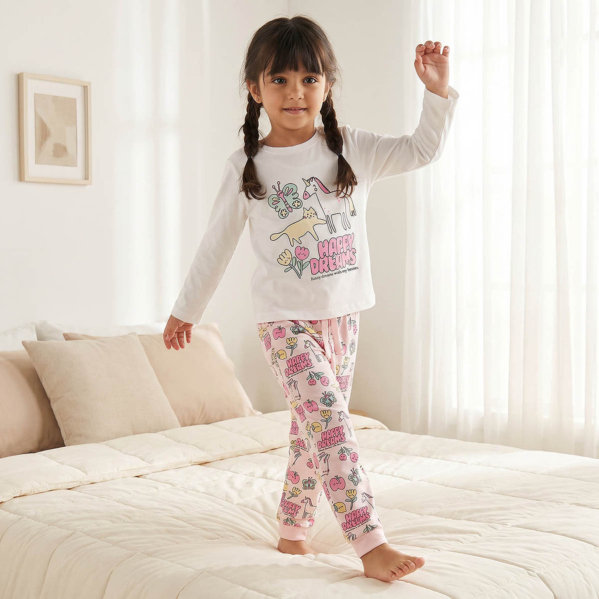 طقم بيجاما قطن بأكمام طويلة بياقة مستديرة بطبعات من جونيورز-baby-girls-clothing-nightwear-pyjamasets-image-1