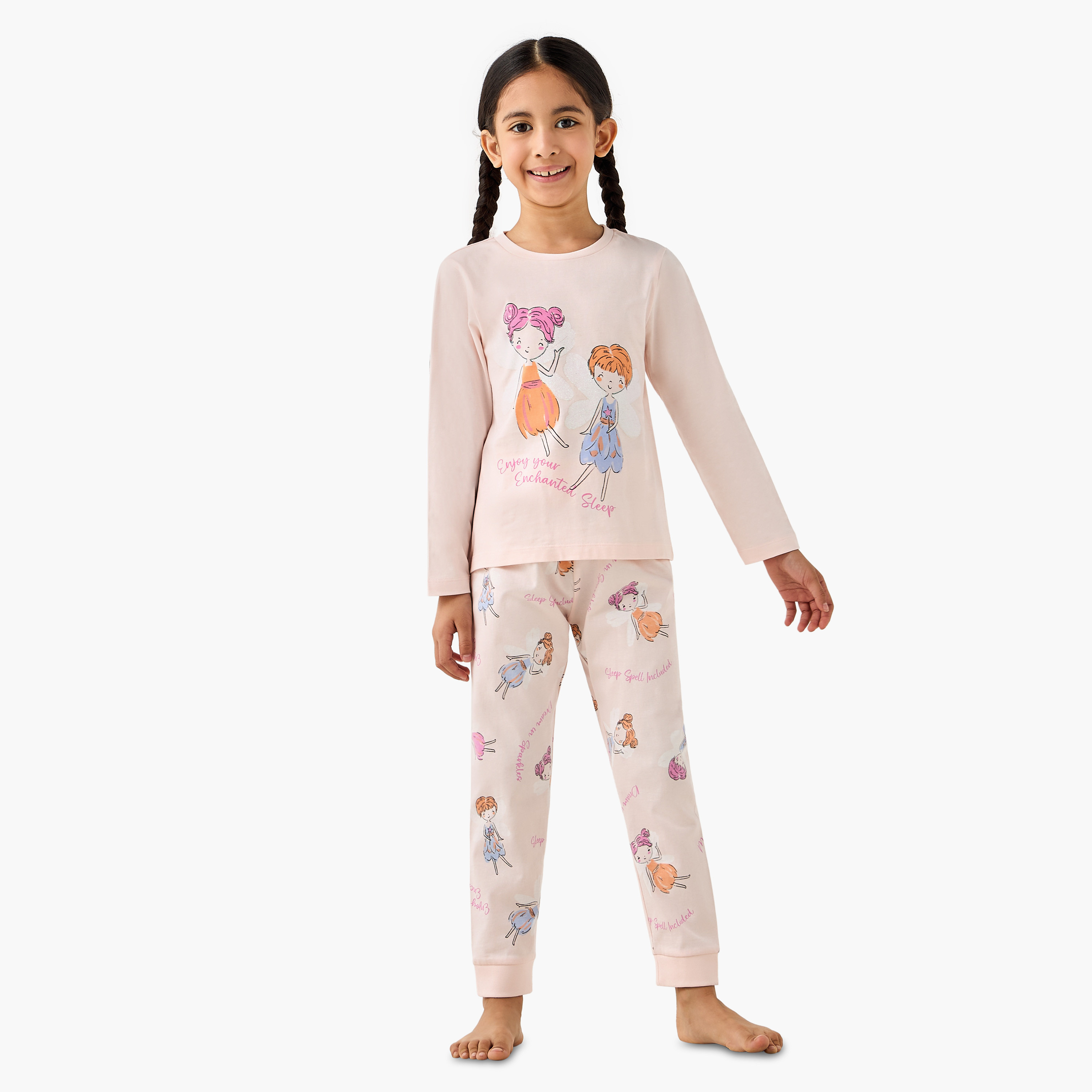 Juniors Cotton Round Neck Long Sleeves Pyjama Set with Fairy Print-baby-girls-clothing-nightwear-pyjamasets-image-1