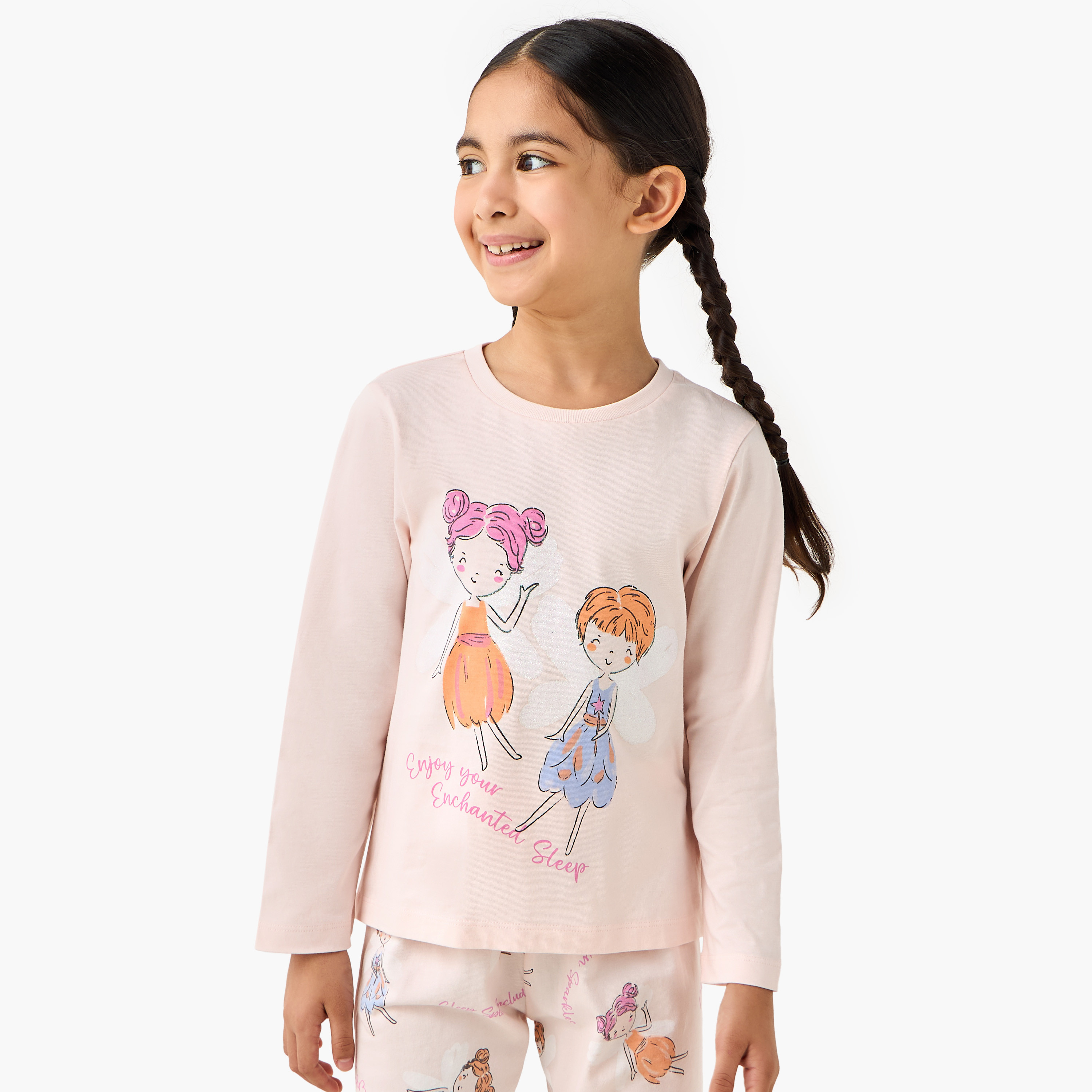 Juniors Cotton Round Neck Long Sleeves Pyjama Set with Fairy Print-baby-girls-clothing-nightwear-pyjamasets-image-2