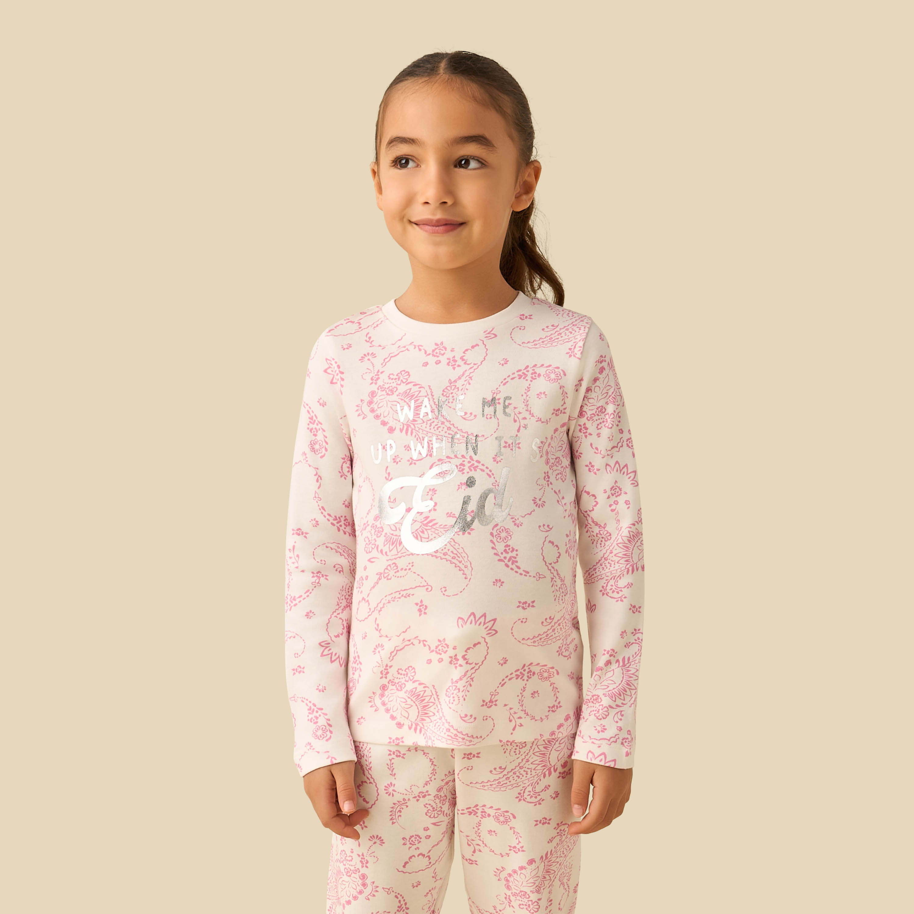 Juniors Cotton Round Neck Long Sleeves Pyjama Set with Eid Foil Print-baby-girls-clothing-nightwear-pyjamasets-image-2