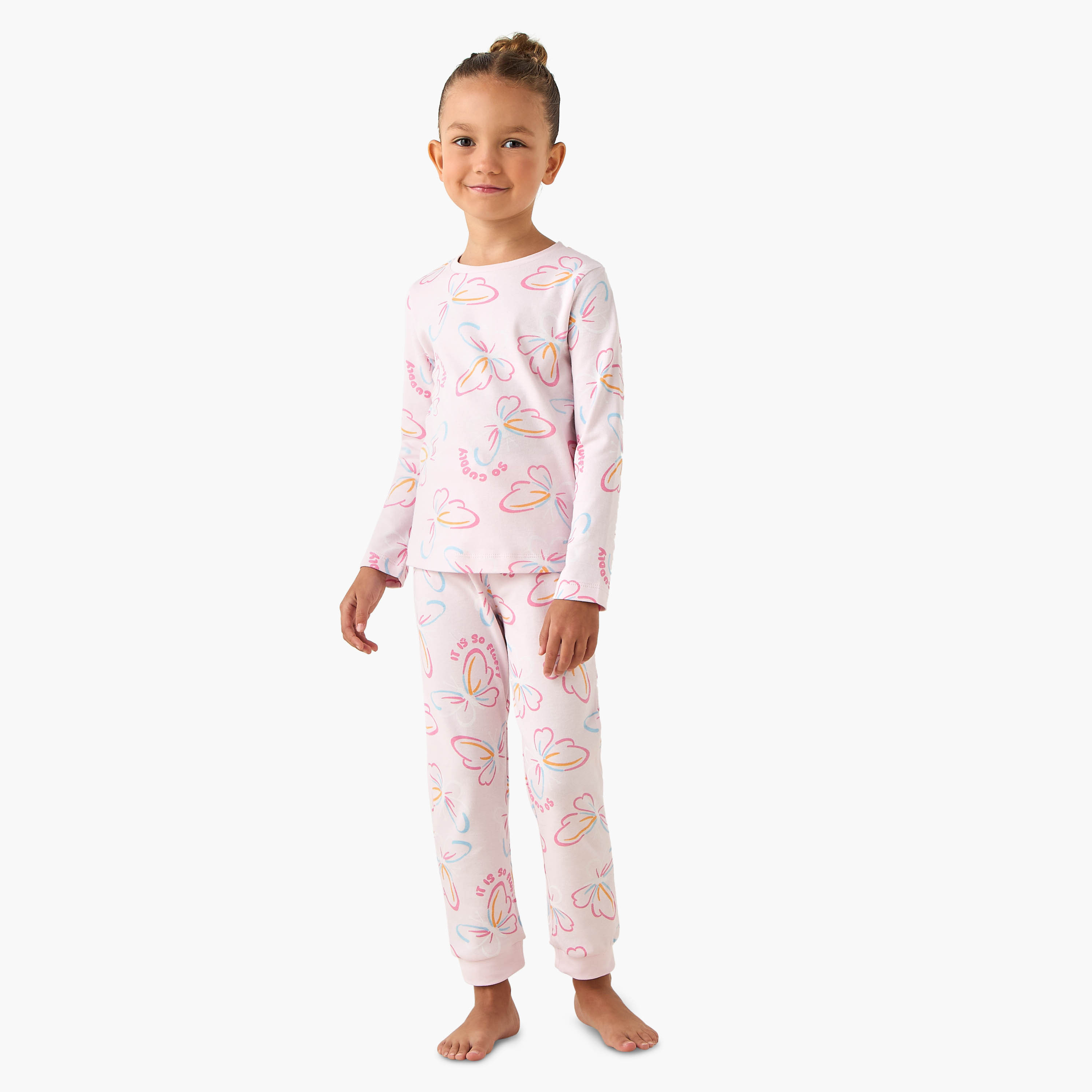 Juniors Cotton Crew Neck Long Sleeves Pyjama Set with Butterfly Print-baby-girls-clothing-nightwear-pyjamasets-image-1