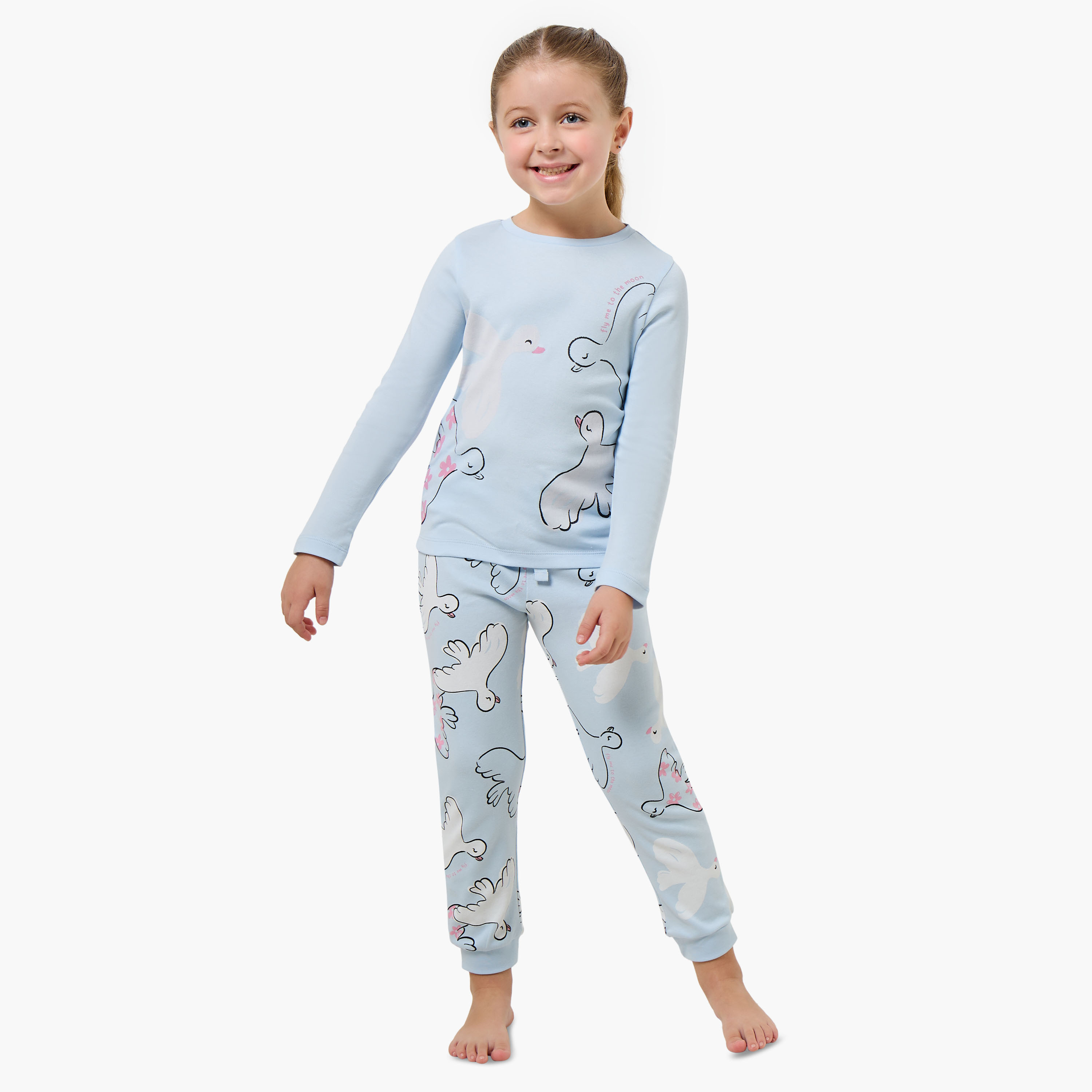 Juniors Cotton Crew Neck Long Sleeves Pyjama Set with Bird Print-girls-clothing-nightwear-image-1