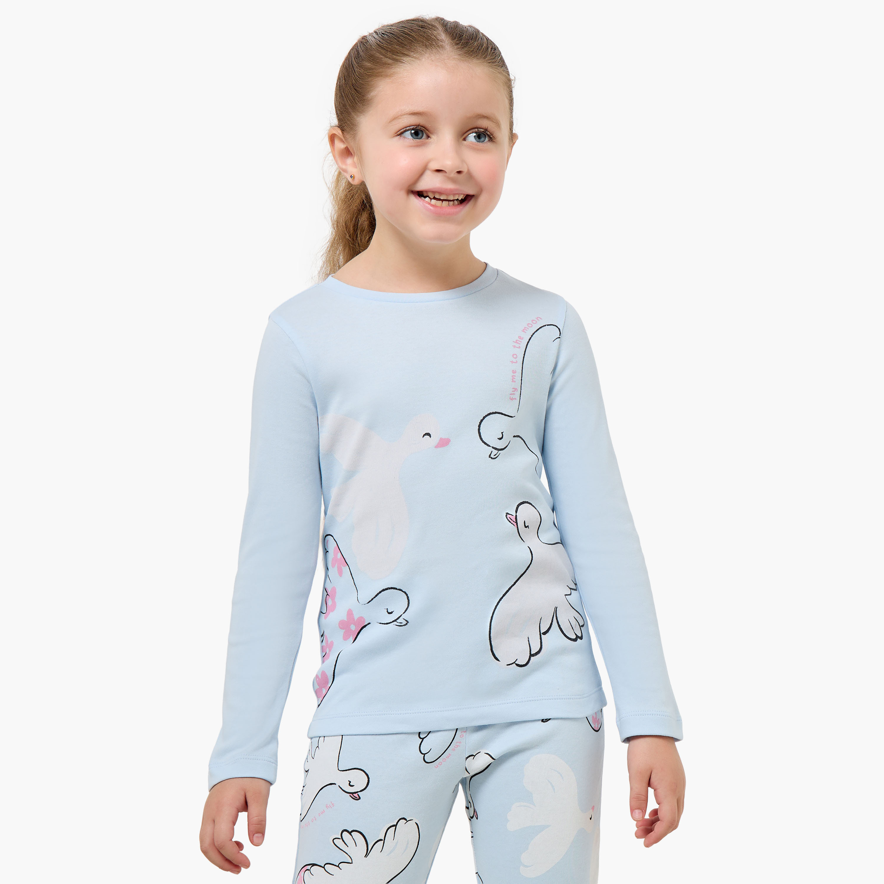 Juniors Cotton Crew Neck Long Sleeves Pyjama Set with Bird Print-girls-clothing-nightwear-image-2