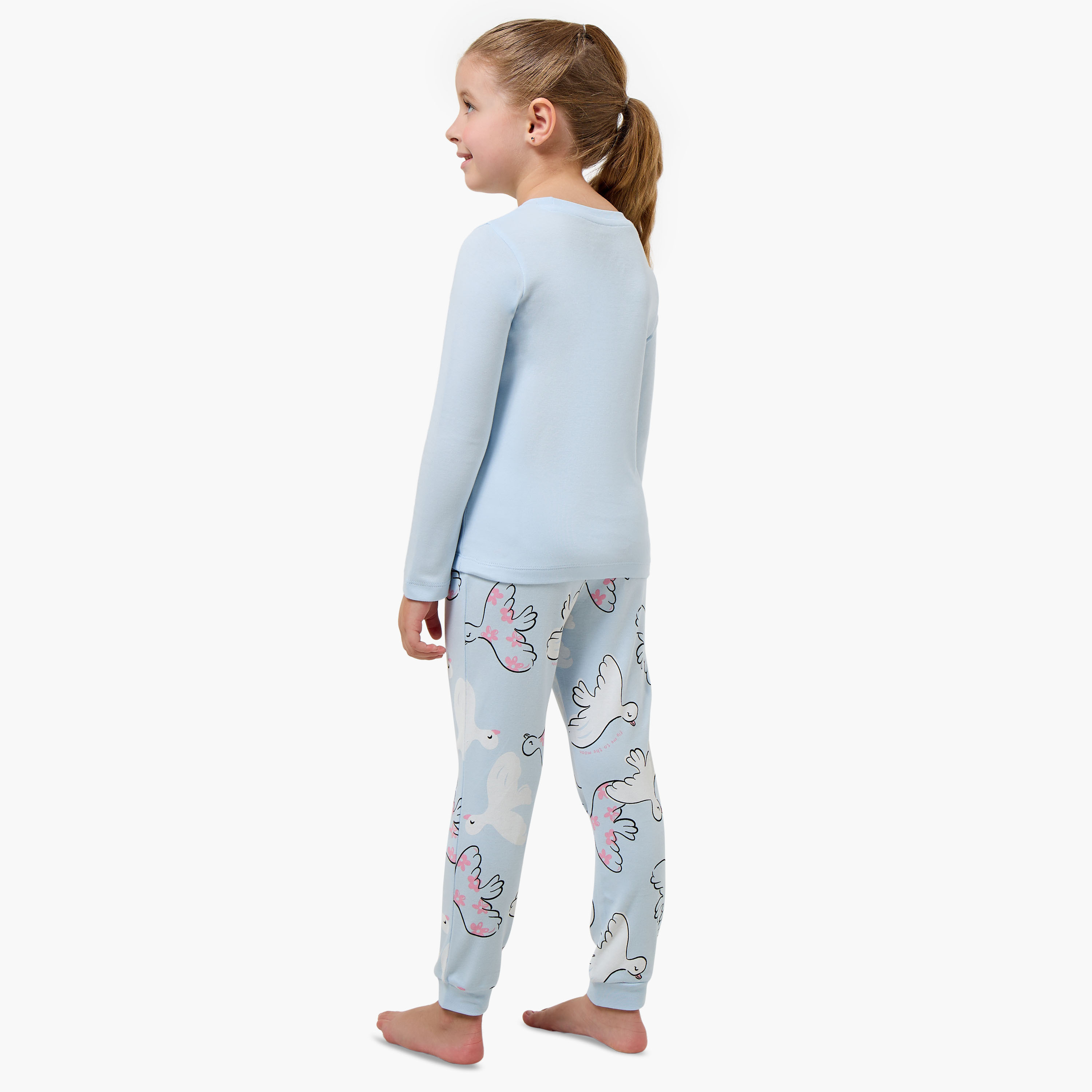 Juniors Cotton Crew Neck Long Sleeves Pyjama Set with Bird Print-girls-clothing-nightwear-image-3