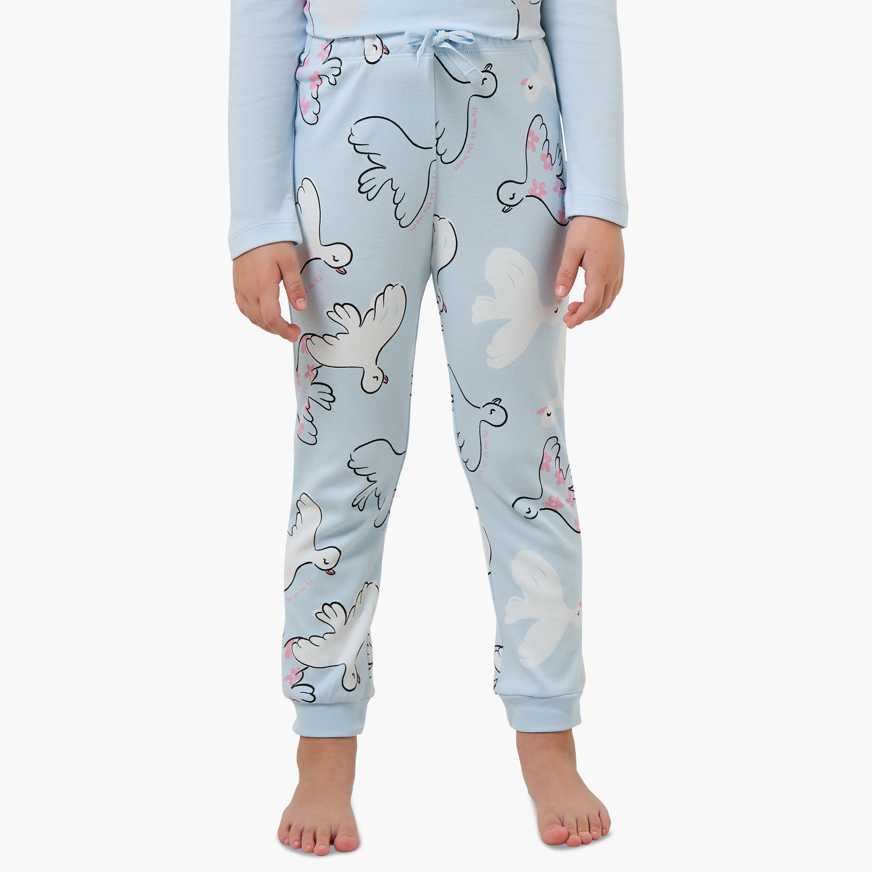 Juniors Cotton Crew Neck Long Sleeves Pyjama Set with Bird Print-girls-clothing-nightwear-image-4