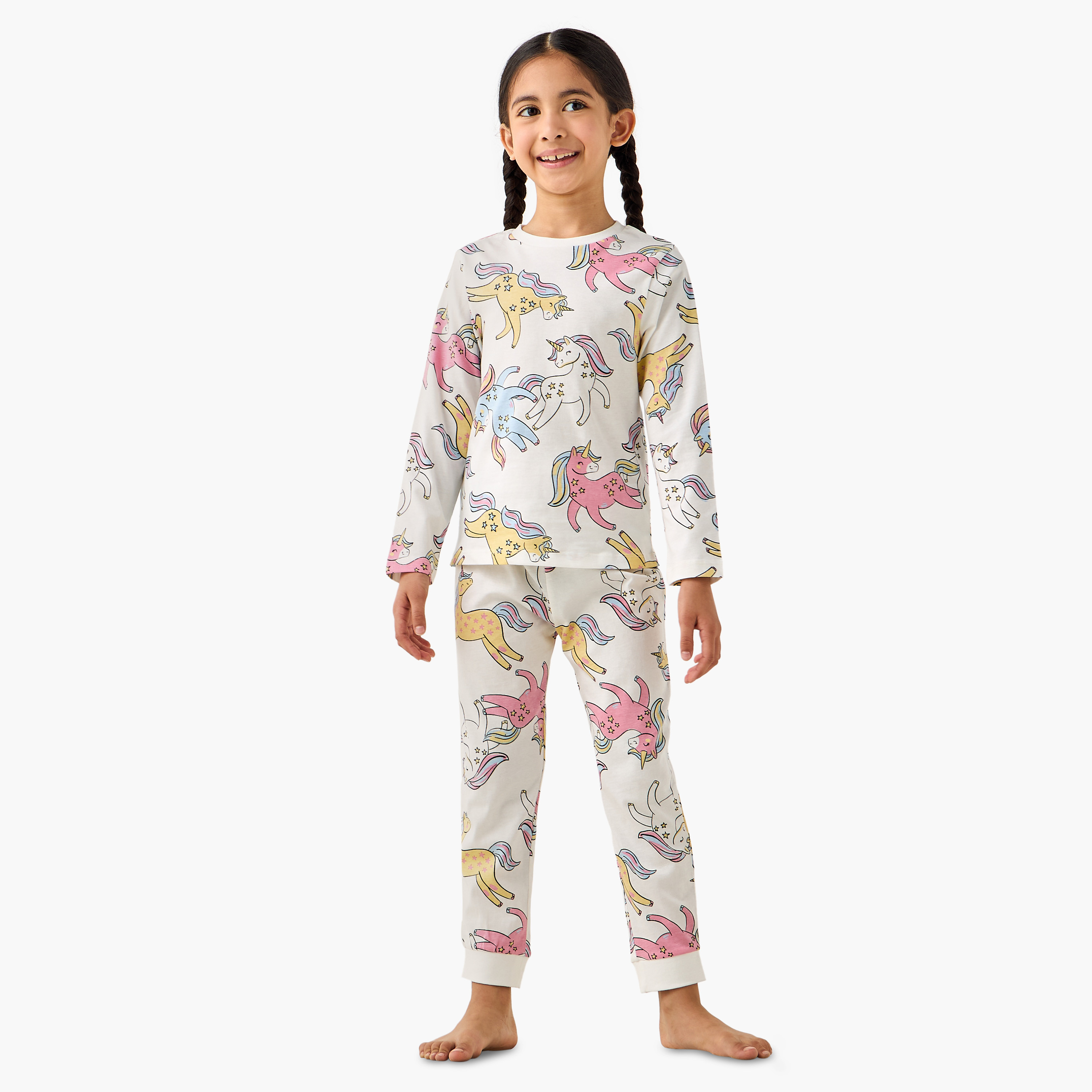 Juniors Cotton Round Neck Long Sleeves Pyjama Set with Unicorn Print-girls-clothing-nightwear-image-1