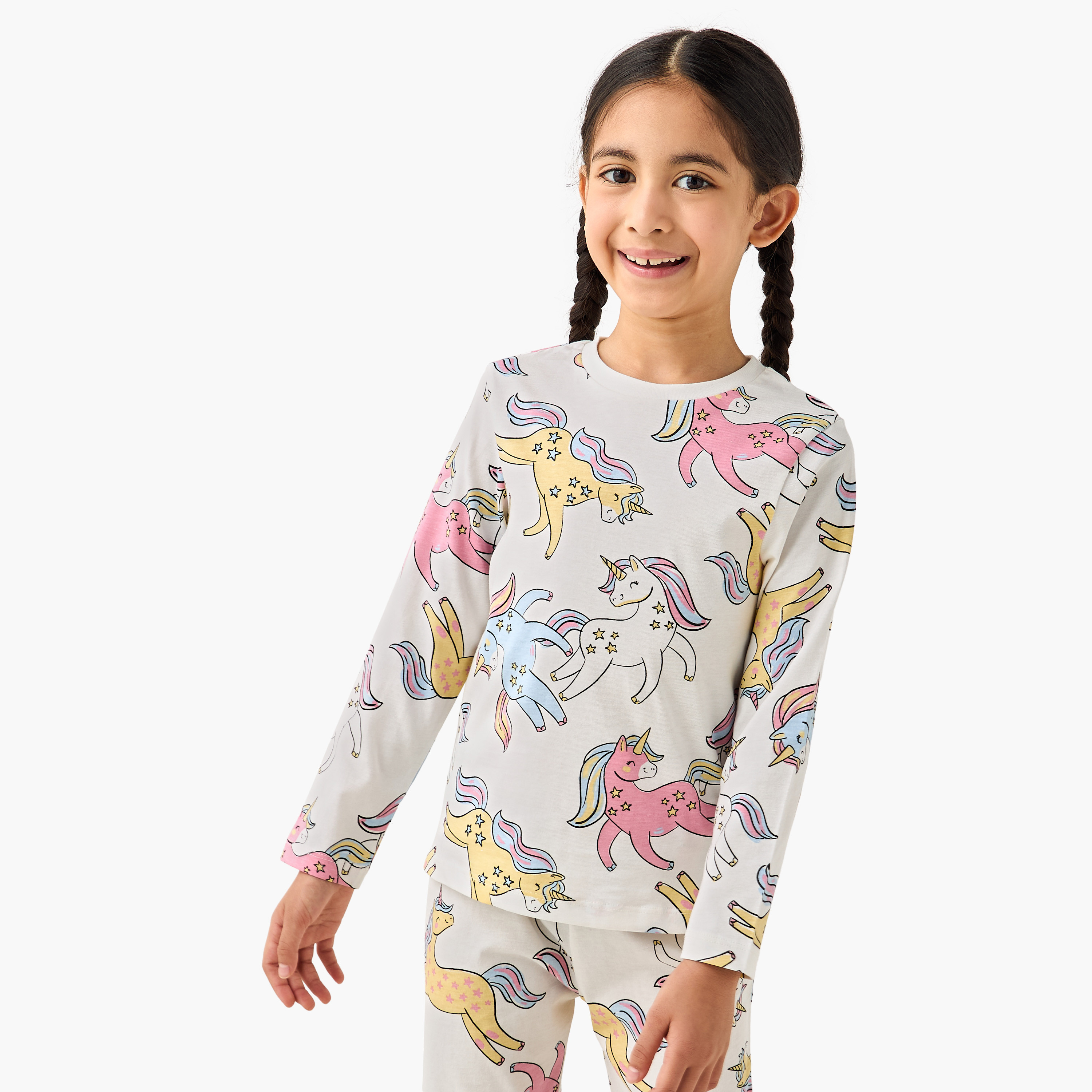 Juniors Cotton Round Neck Long Sleeves Pyjama Set with Unicorn Print-girls-clothing-nightwear-image-2