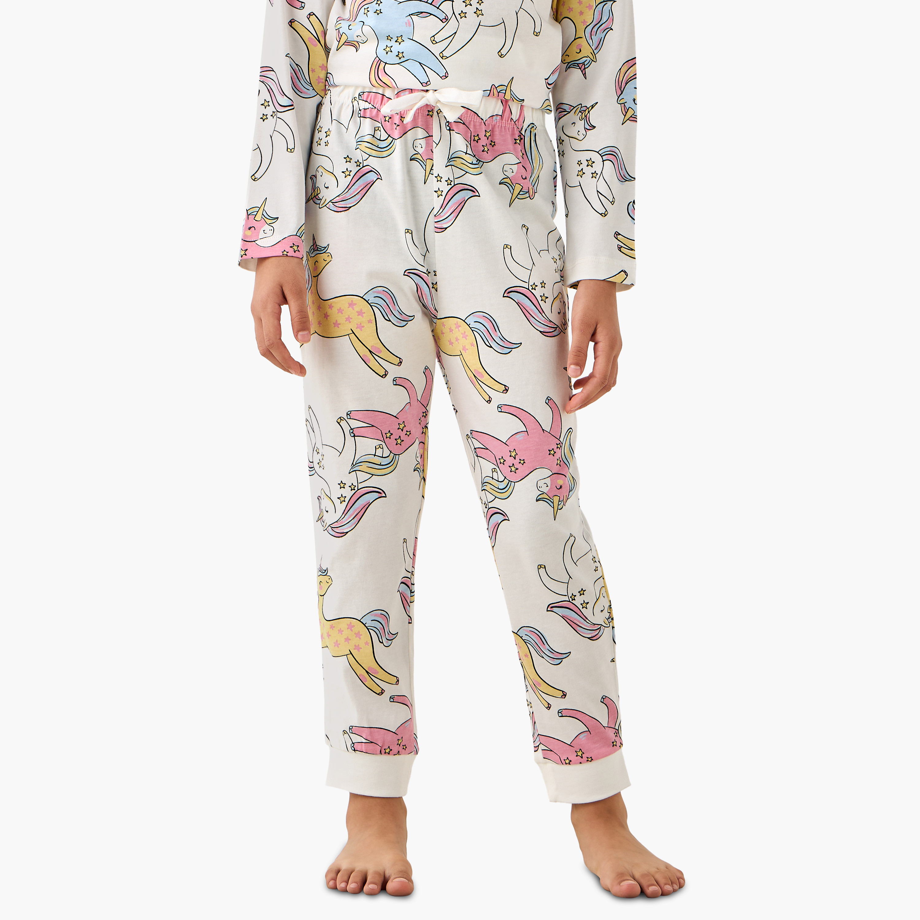 Juniors Cotton Round Neck Long Sleeves Pyjama Set with Unicorn Print-girls-clothing-nightwear-image-3