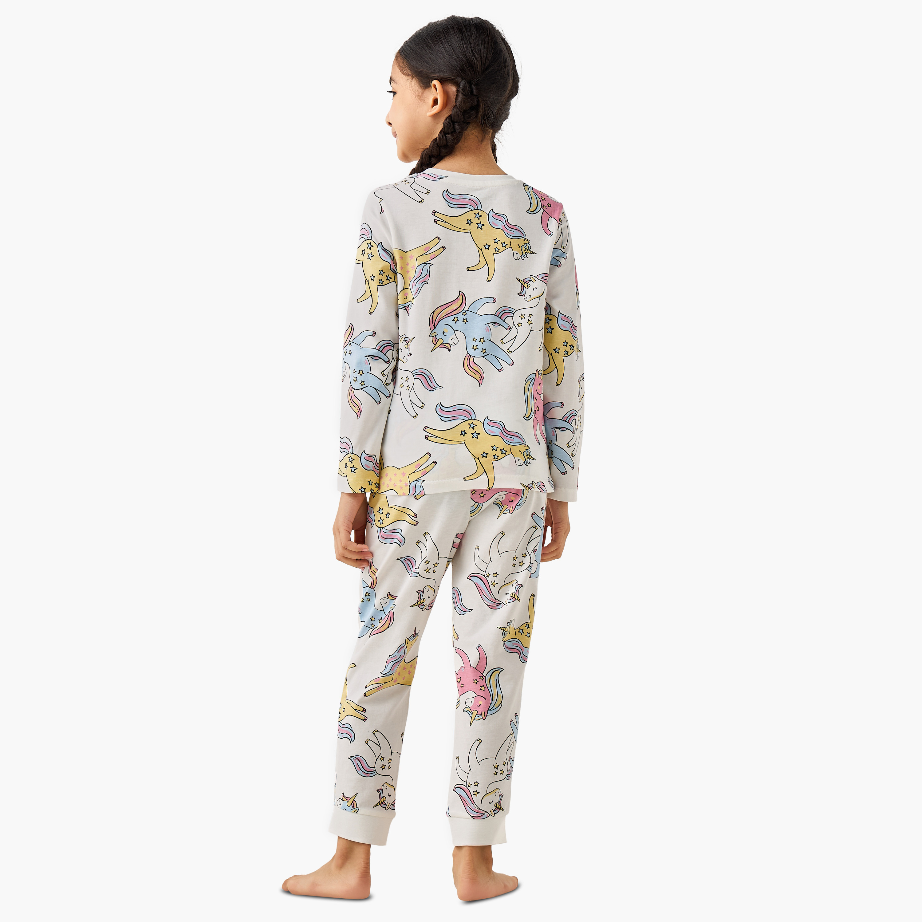 Juniors Cotton Round Neck Long Sleeves Pyjama Set with Unicorn Print-girls-clothing-nightwear-image-4