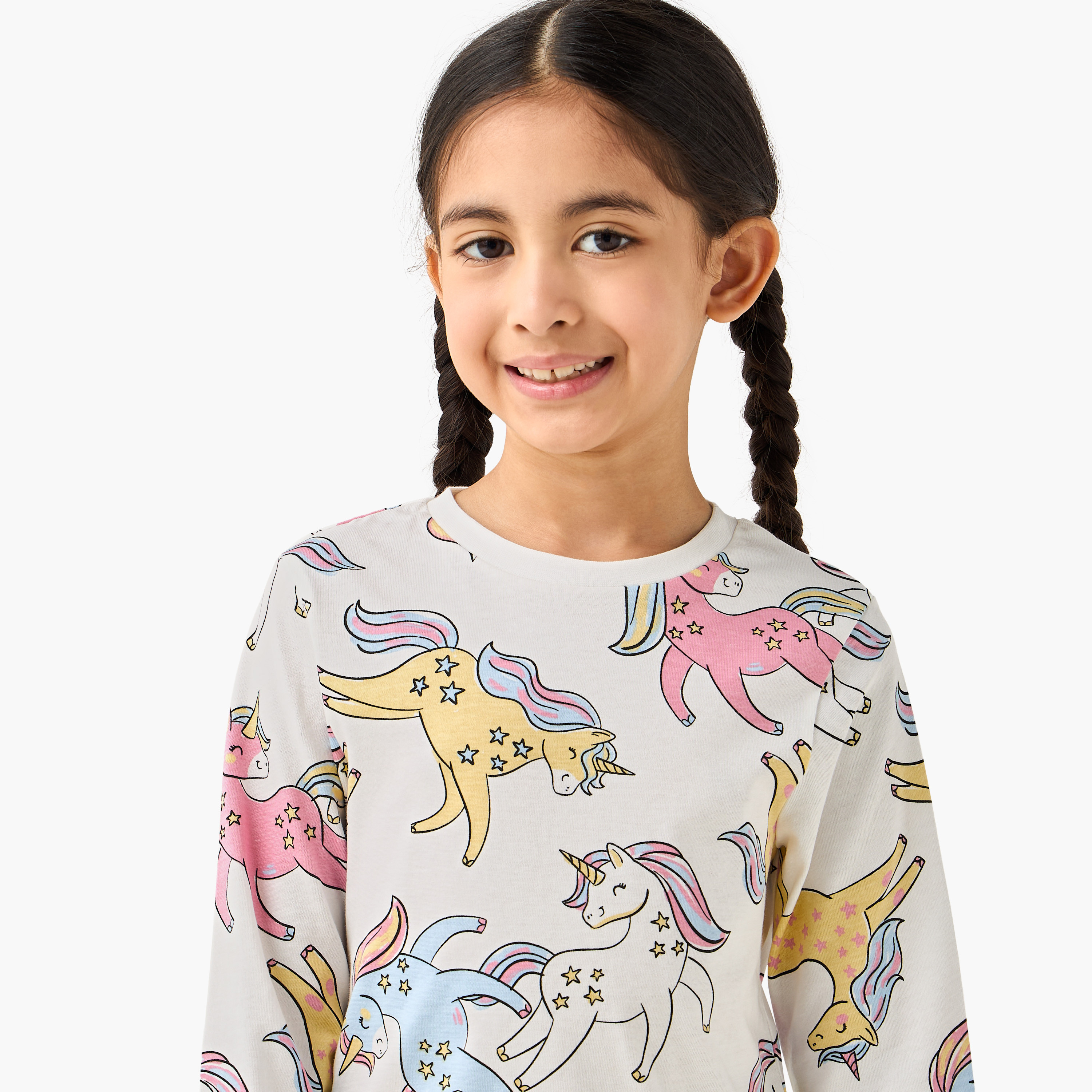 Juniors Cotton Round Neck Long Sleeves Pyjama Set with Unicorn Print-girls-clothing-nightwear-image-5