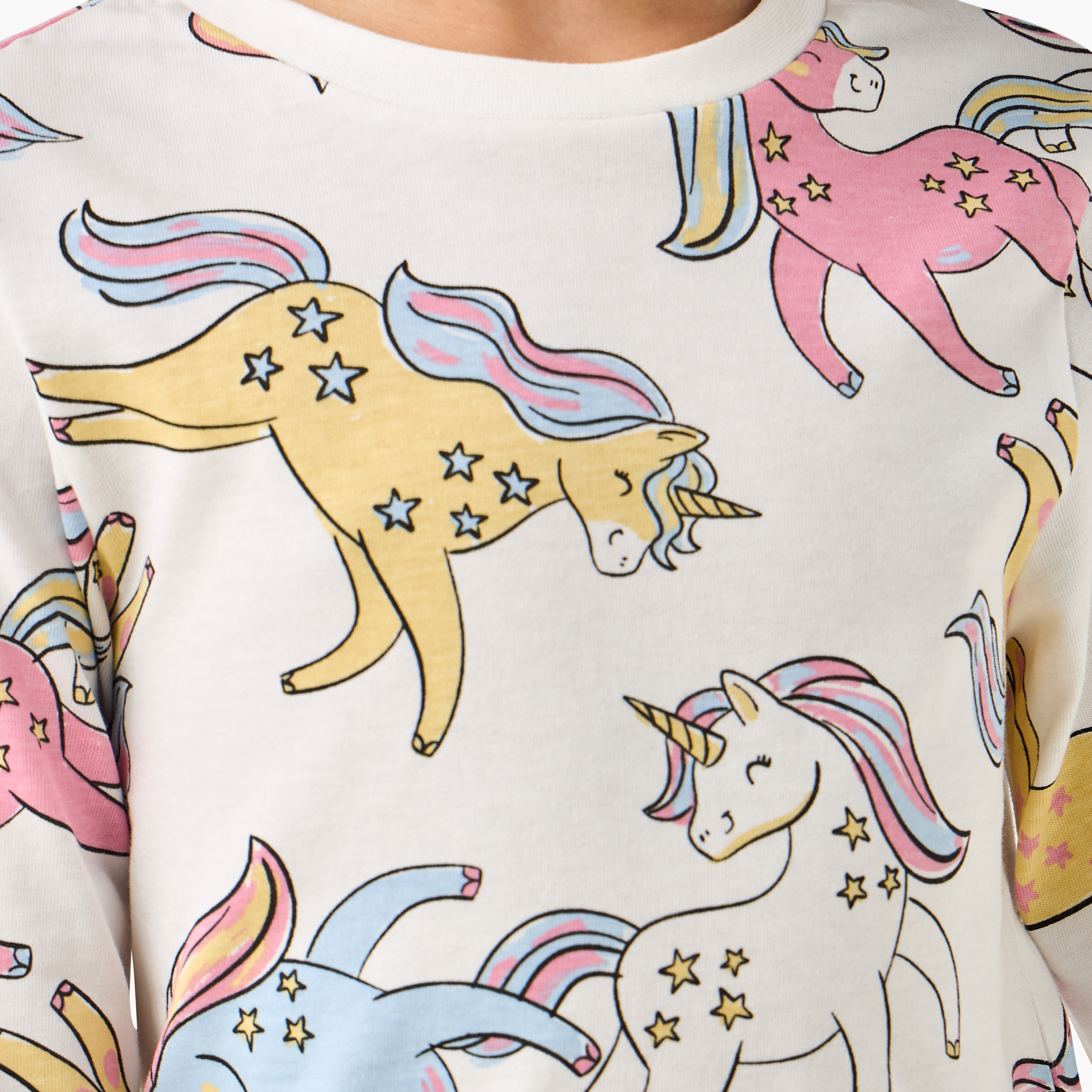 Juniors Cotton Round Neck Long Sleeves Pyjama Set with Unicorn Print-girls-clothing-nightwear-image-6