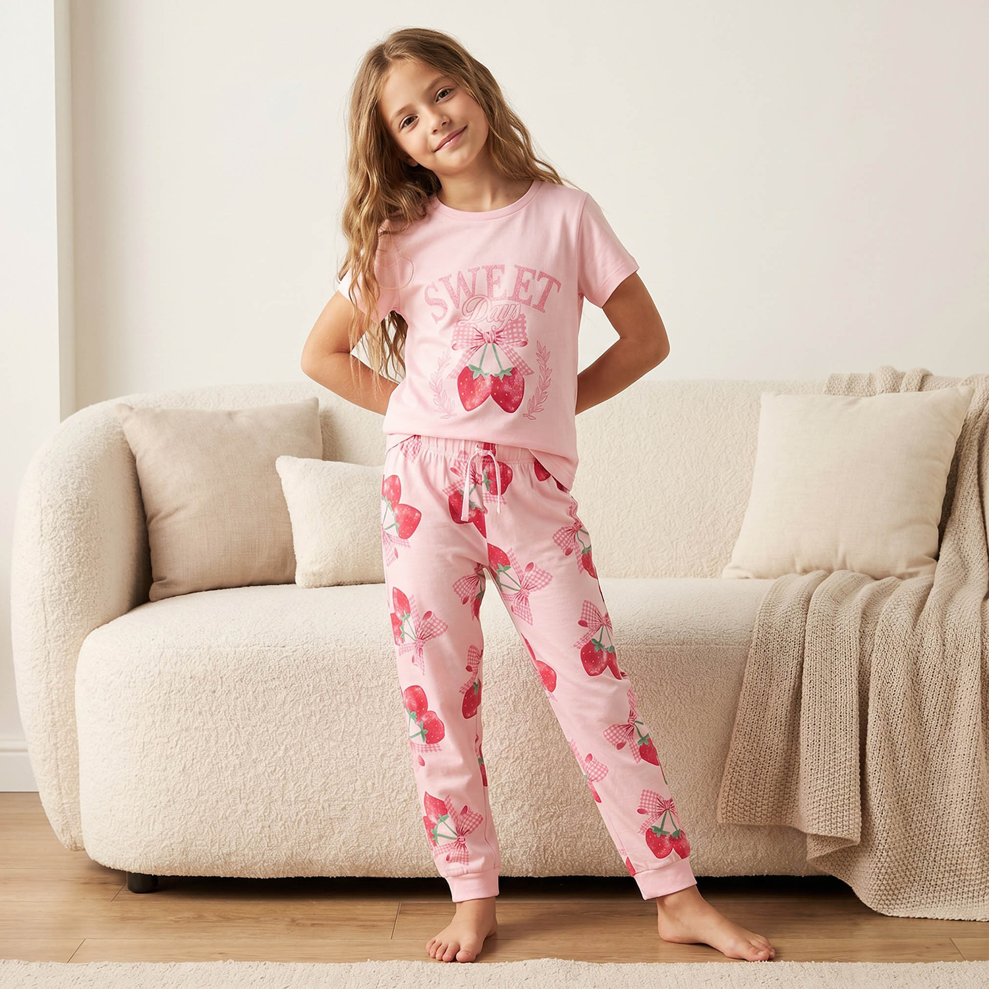 Juniors Cotton Crew Neck Short Sleeves Pyjama Set with Strawberry Print-baby-girls-clothing-nightwear-pyjamasets-image-1