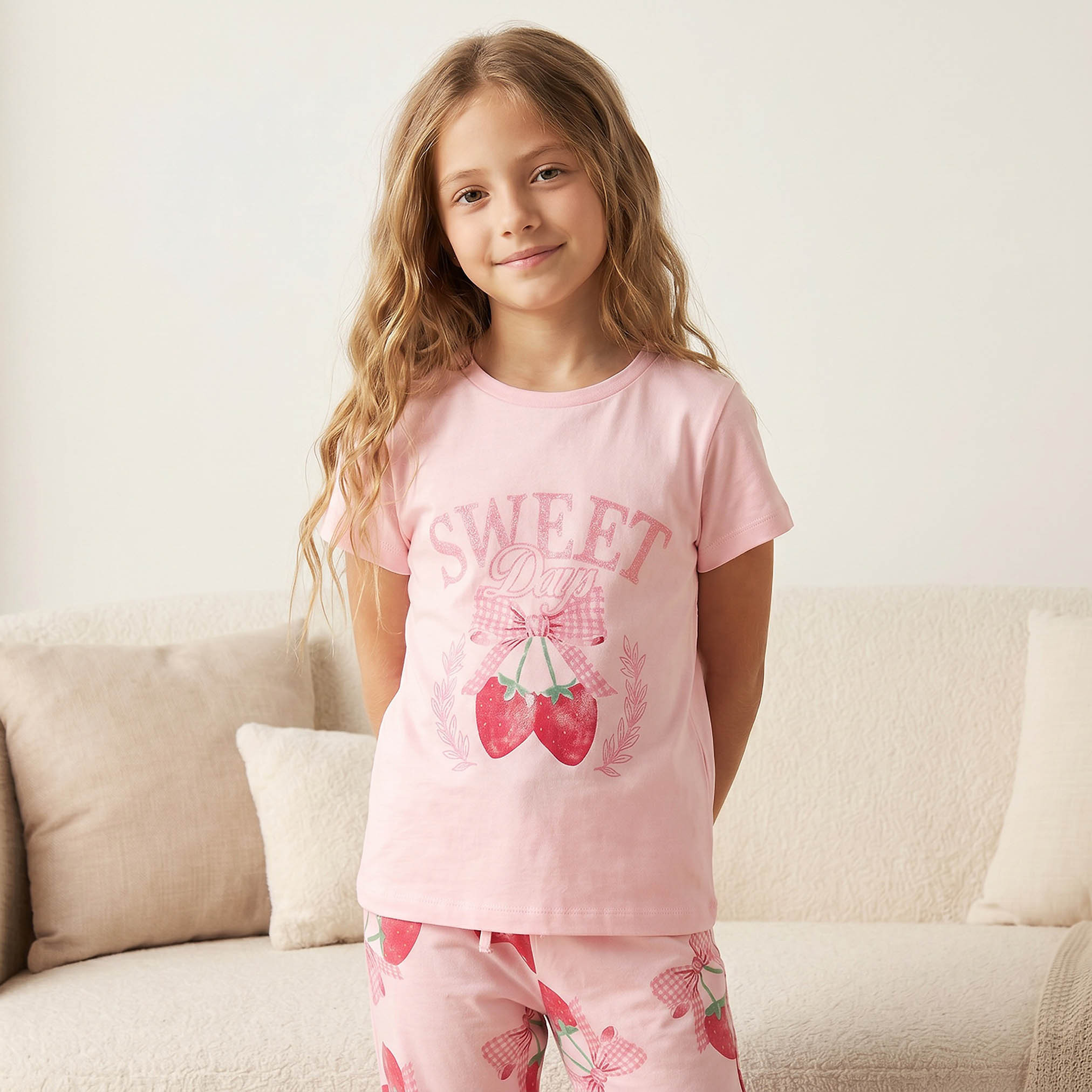 Juniors Cotton Crew Neck Short Sleeves Pyjama Set with Strawberry Print-baby-girls-clothing-nightwear-pyjamasets-image-2