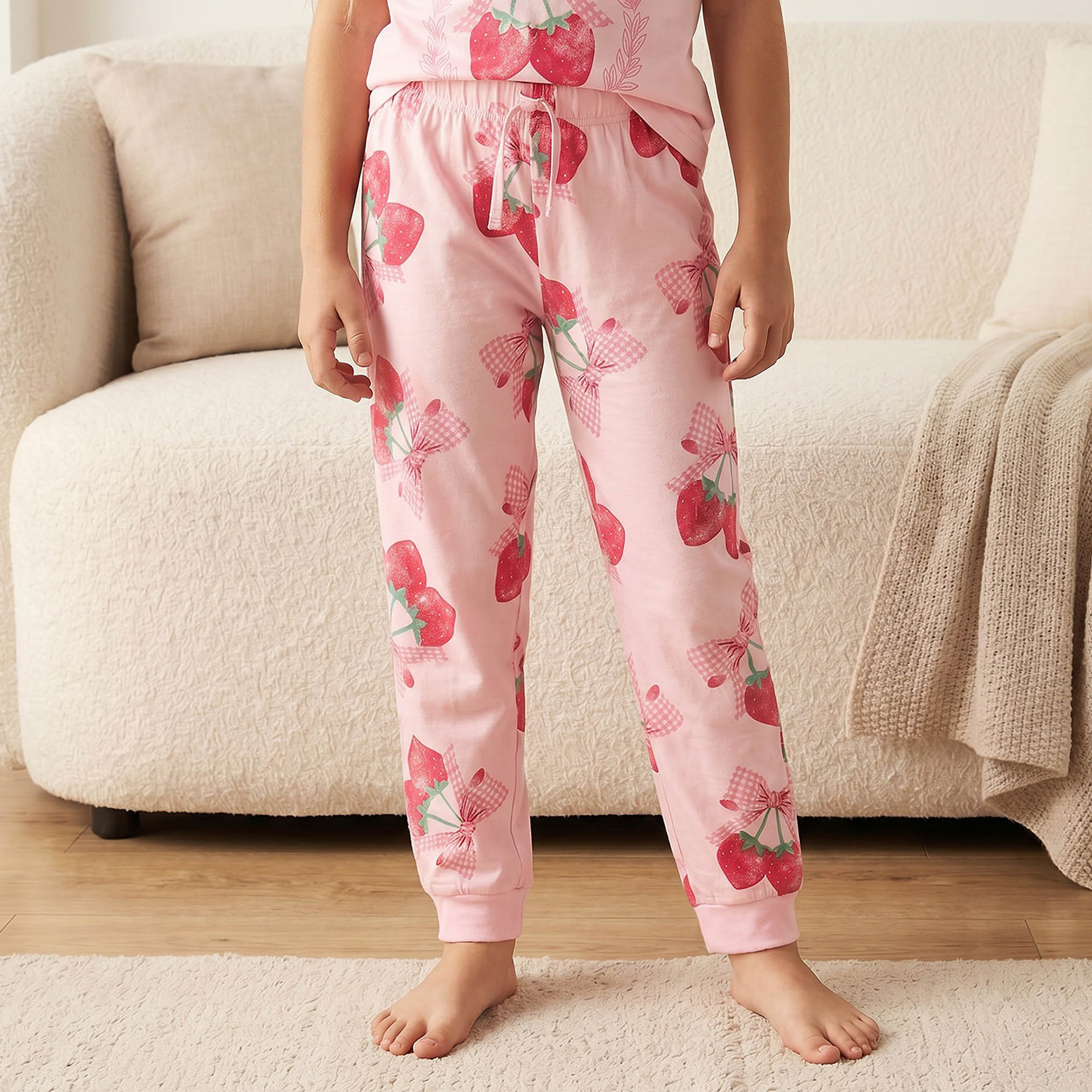 Juniors Cotton Crew Neck Short Sleeves Pyjama Set with Strawberry Print-baby-girls-clothing-nightwear-pyjamasets-image-4