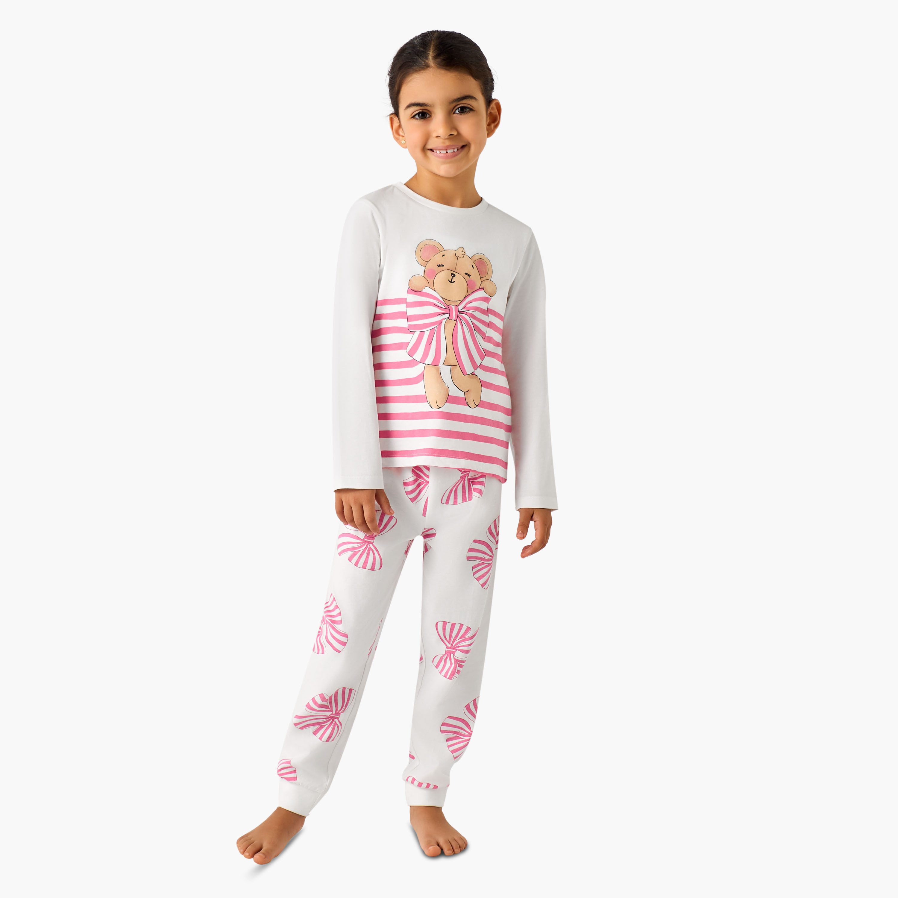 Juniors Cotton Crew Neck Long Sleeves Pyjama Set with Bear Print-baby-girls-clothing-nightwear-pyjamasets-image-1