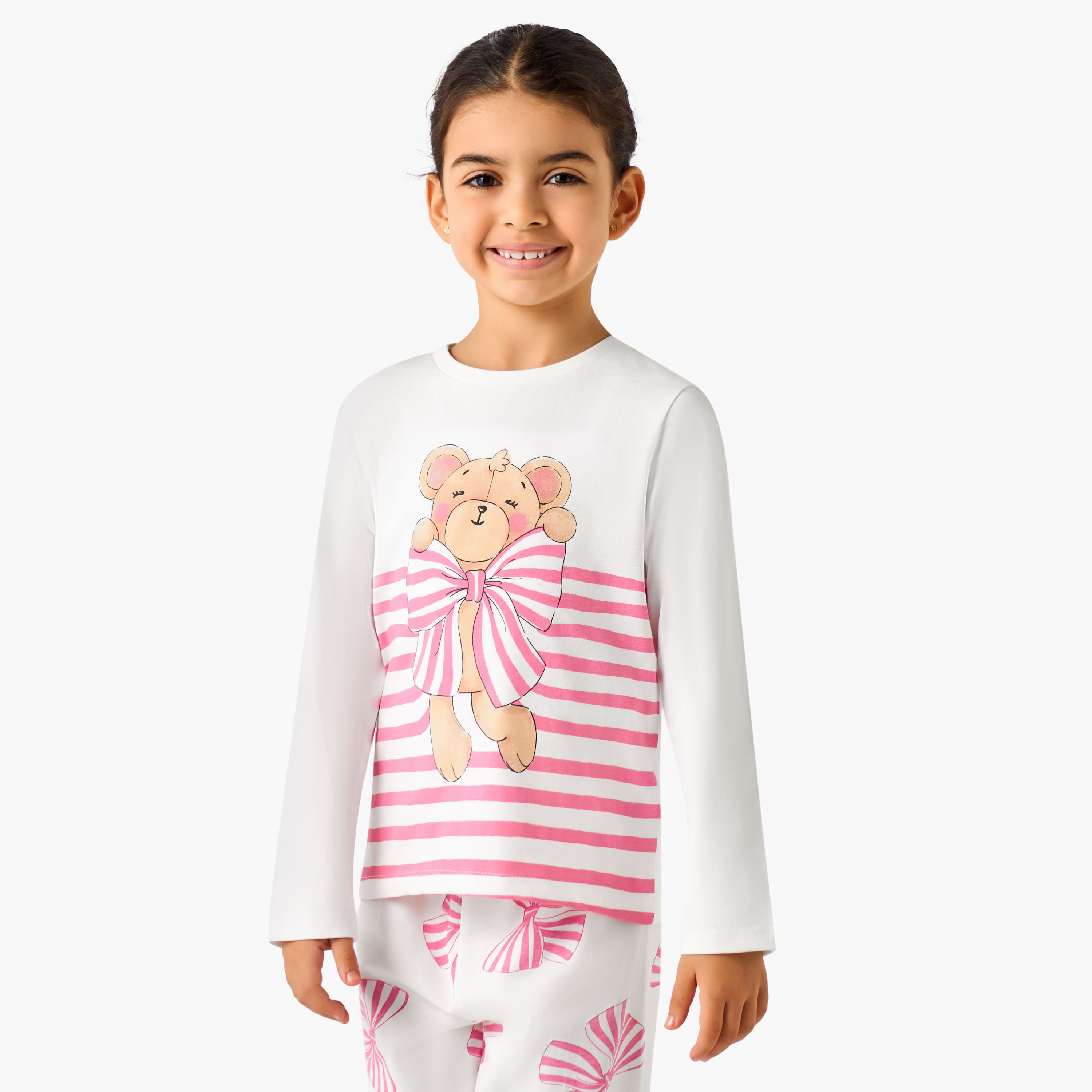 Juniors Cotton Crew Neck Long Sleeves Pyjama Set with Bear Print-baby-girls-clothing-nightwear-pyjamasets-image-2