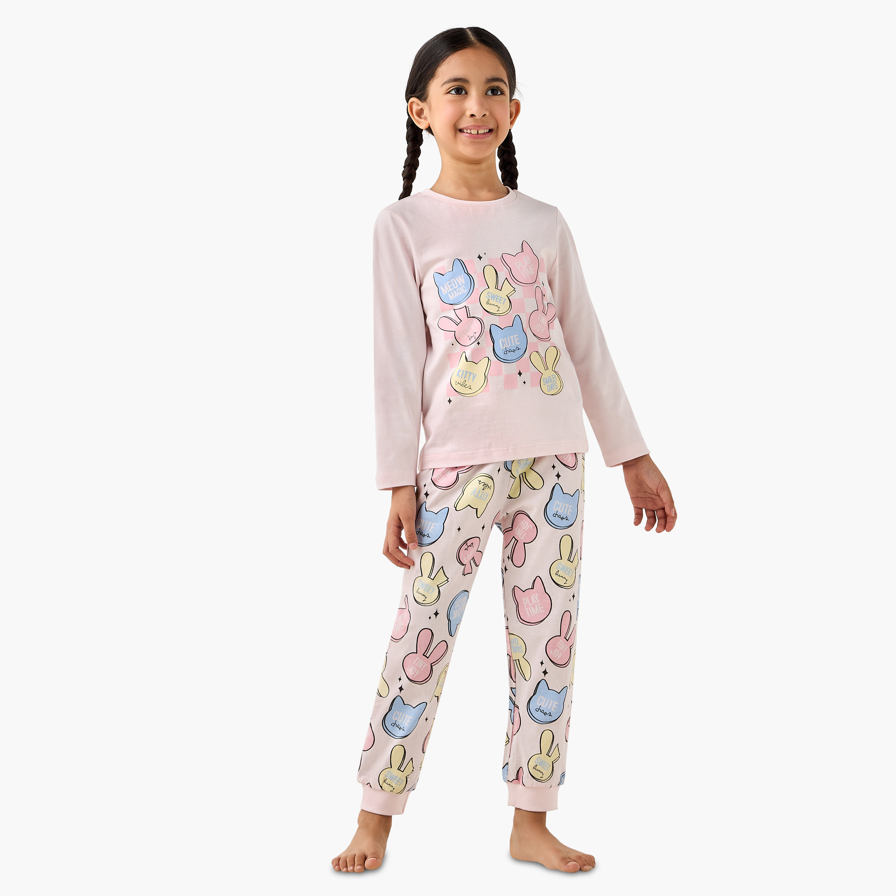 طقم بيجاما قطن بياقة مستديرة وأكمام طويلة بطبعات جرافيك من جونيورز-baby-girls-clothing-nightwear-pyjamasets-image-6