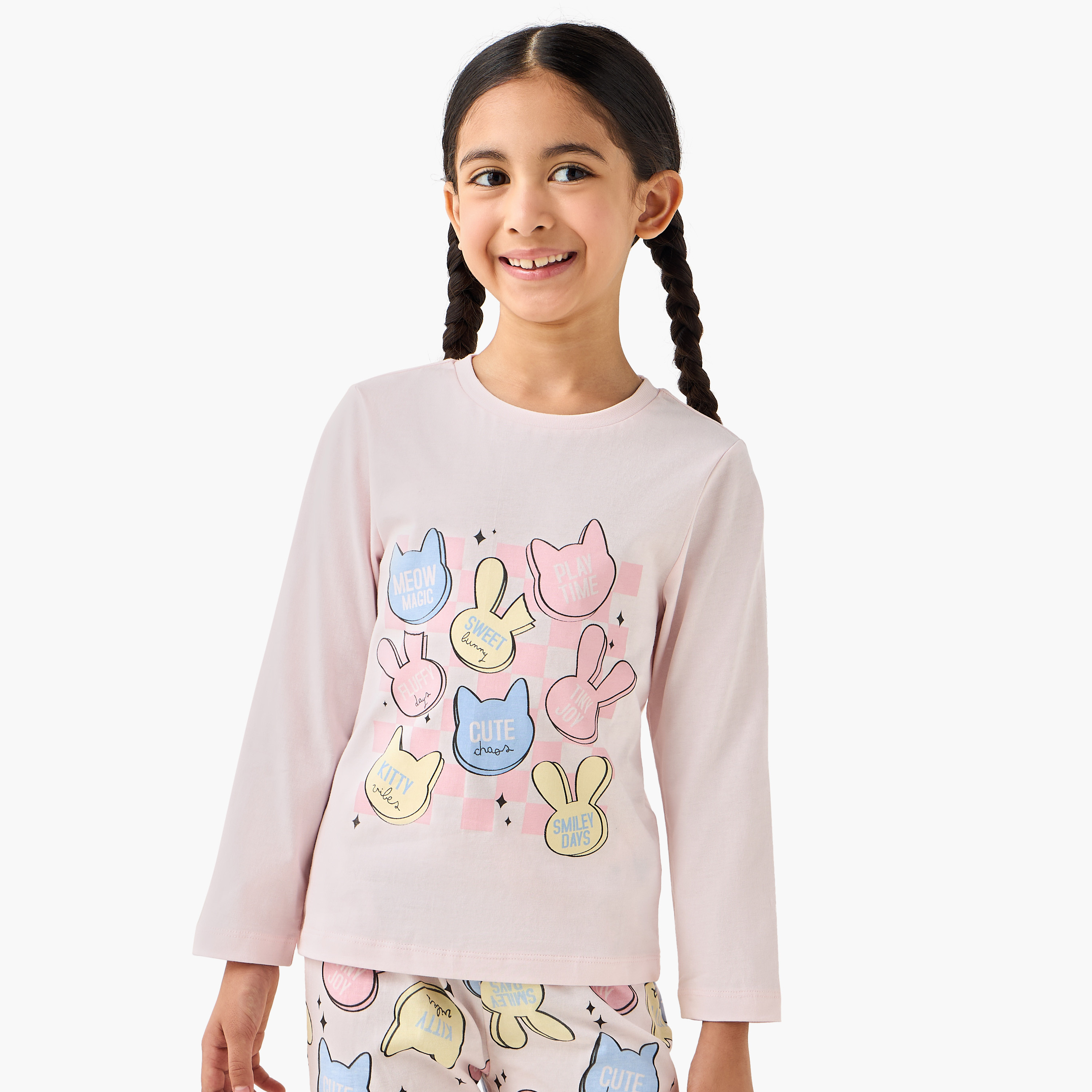 طقم بيجاما قطن بياقة مستديرة وأكمام طويلة بطبعات جرافيك من جونيورز-baby-girls-clothing-nightwear-pyjamasets-image-5