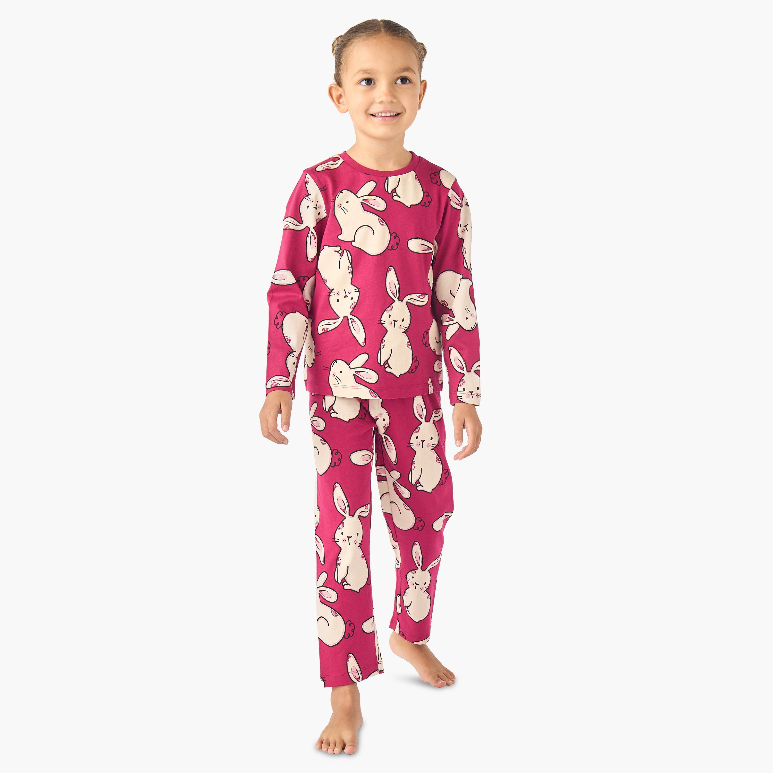 Juniors Cotton Crew Neck Long Sleeves Pyjama Set with Bunny Print-baby-girls-clothing-nightwear-pyjamasets-image-1