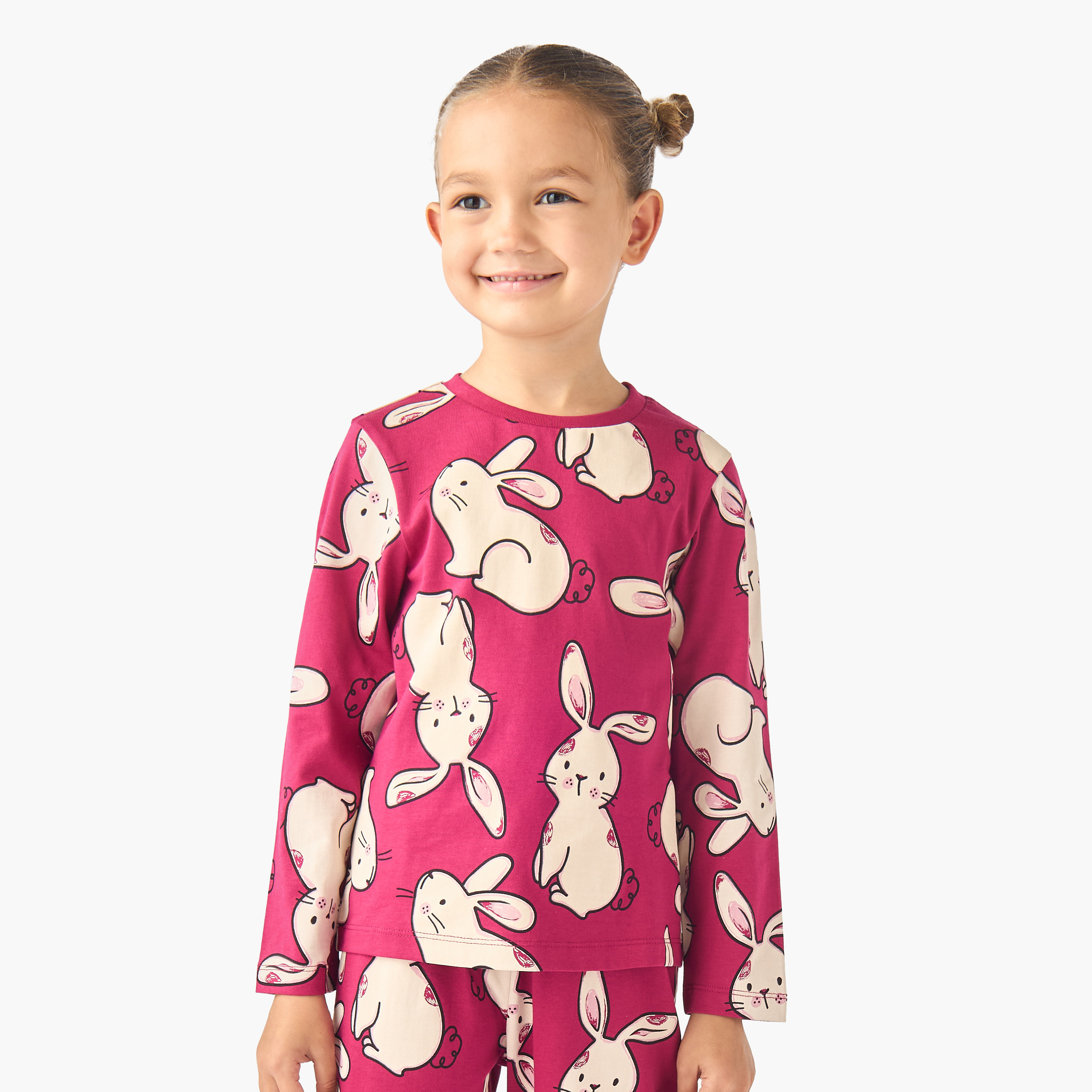 Juniors Cotton Crew Neck Long Sleeves Pyjama Set with Bunny Print-baby-girls-clothing-nightwear-pyjamasets-image-2