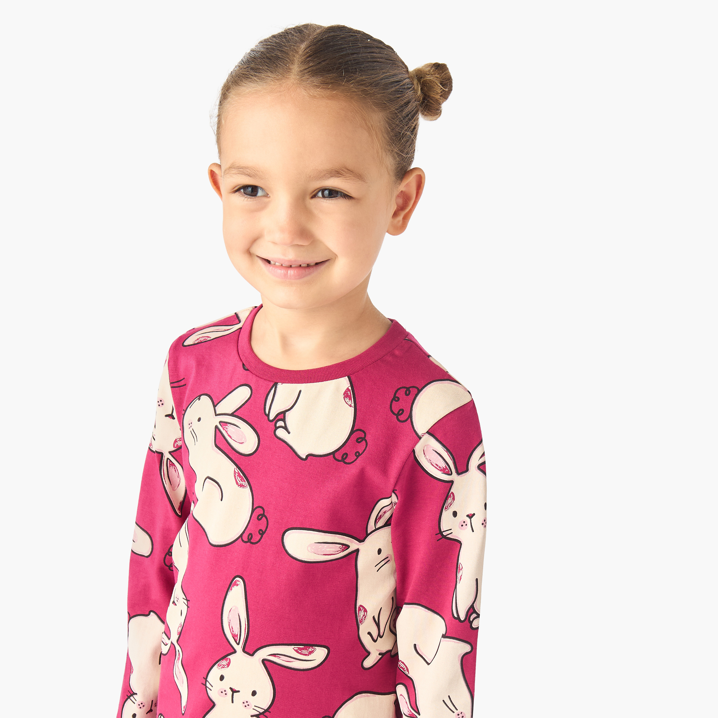 Juniors Cotton Crew Neck Long Sleeves Pyjama Set with Bunny Print-baby-girls-clothing-nightwear-pyjamasets-image-5