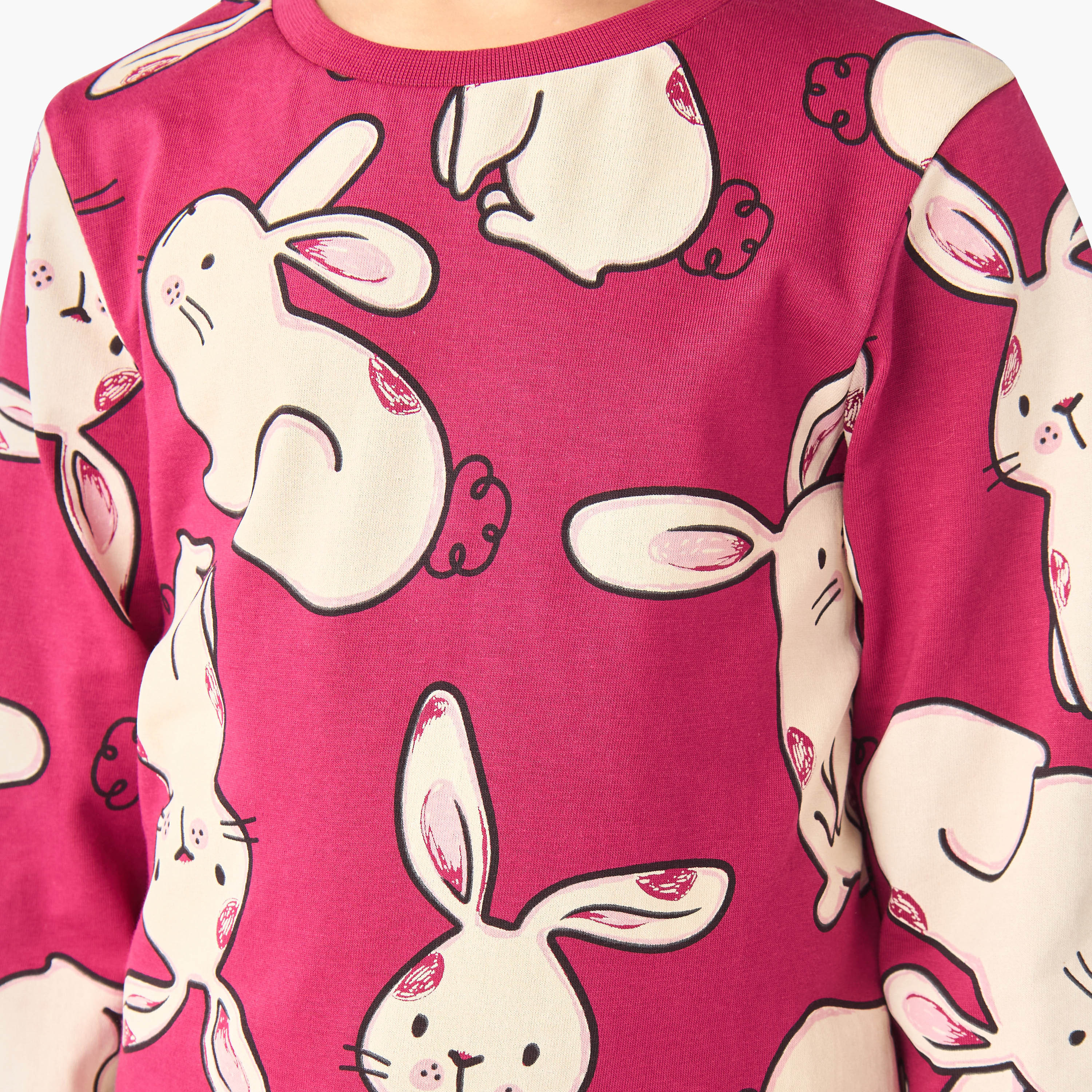 Juniors Cotton Crew Neck Long Sleeves Pyjama Set with Bunny Print-baby-girls-clothing-nightwear-pyjamasets-image-7