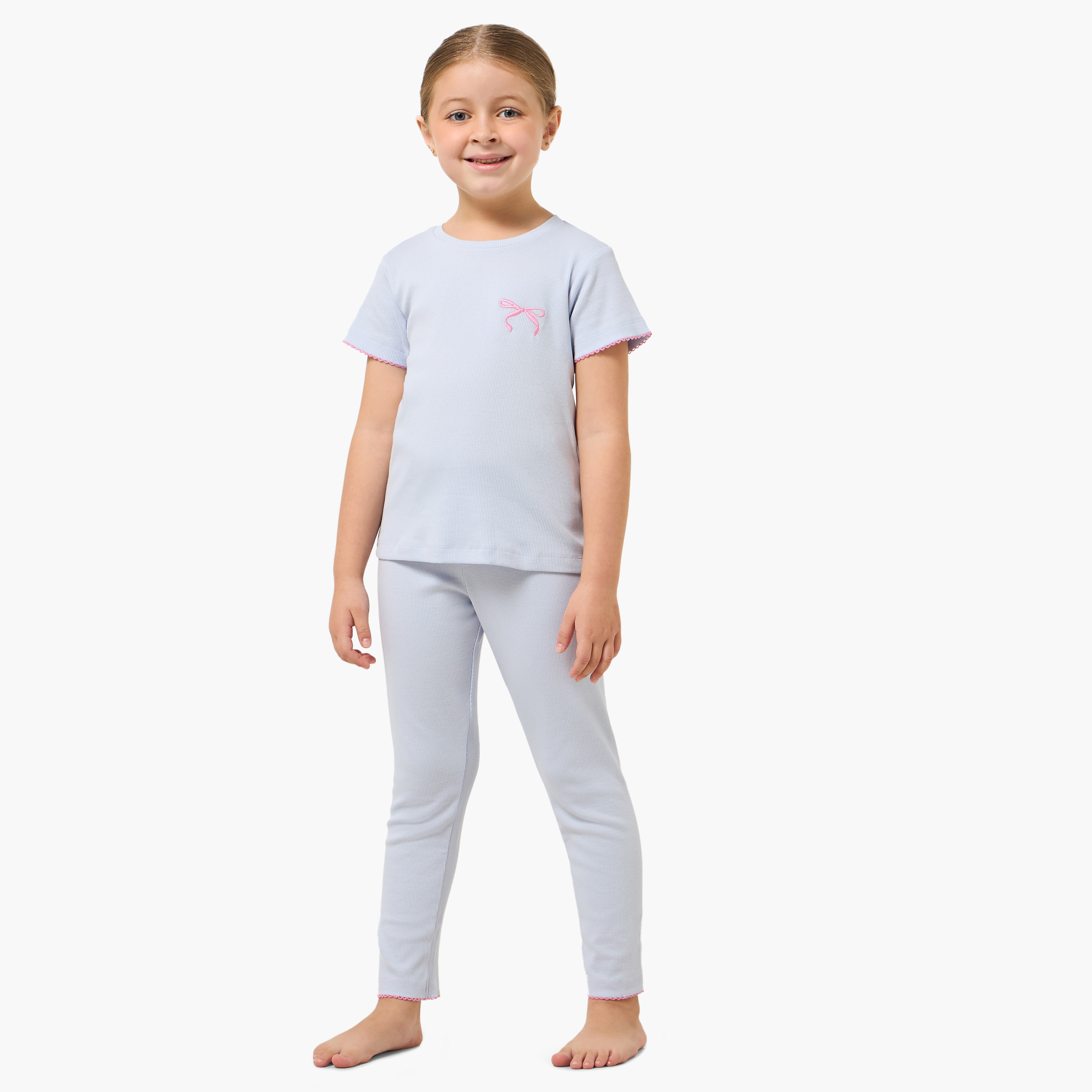 طقم بيجاما قطن بياقة مستديرة وأكمام قصيرة وفيونكة مطرزة من جونيورز-baby-girls-clothing-nightwear-pyjamasets-image-6
