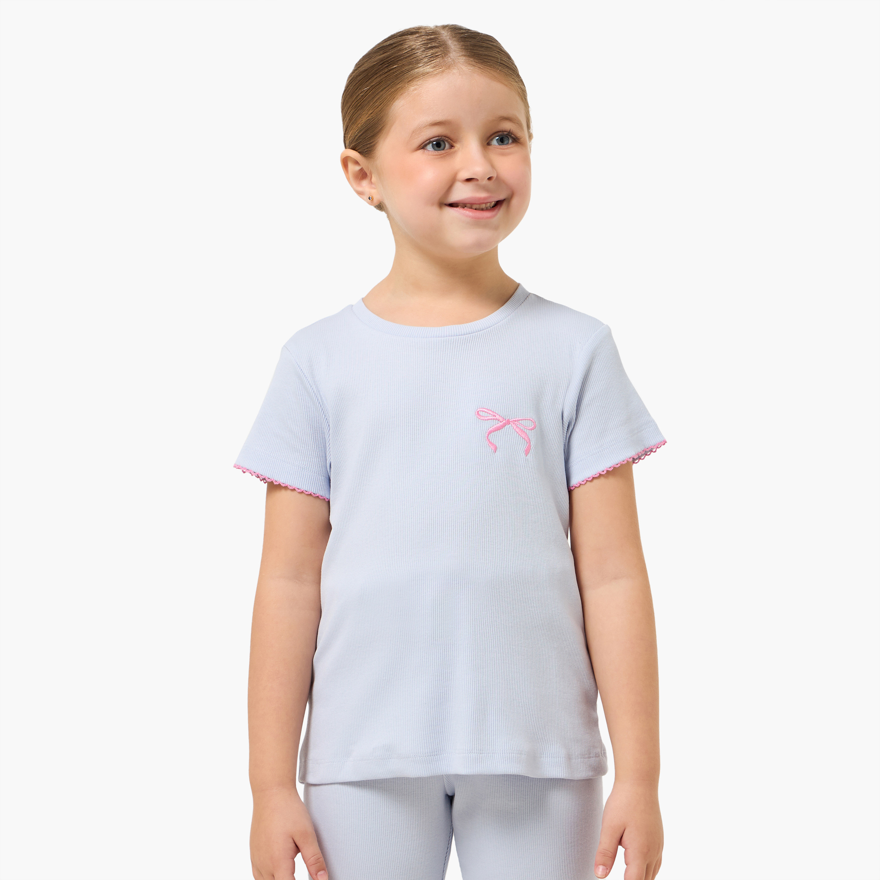 طقم بيجاما قطن بياقة مستديرة وأكمام قصيرة وفيونكة مطرزة من جونيورز-baby-girls-clothing-nightwear-pyjamasets-image-5