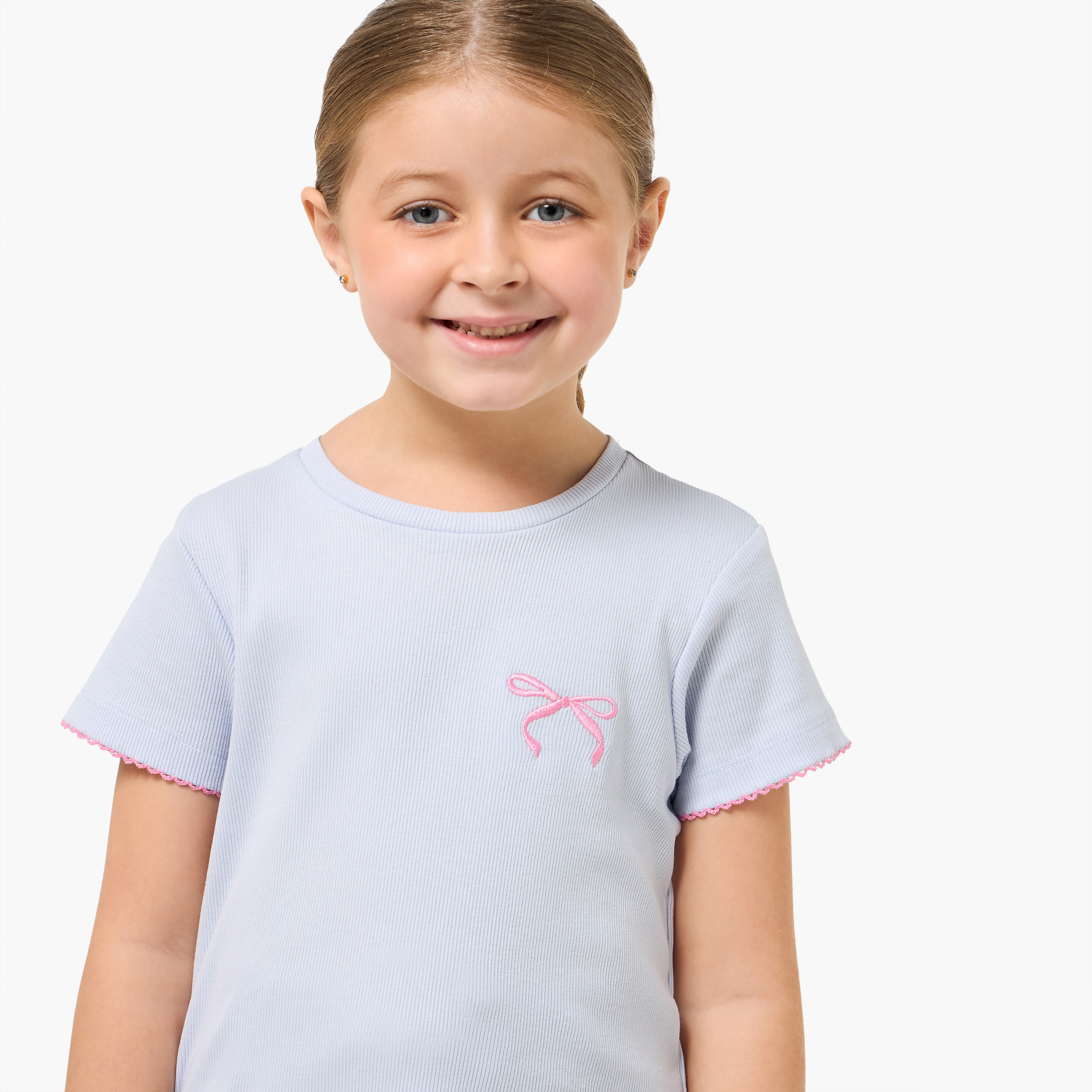 طقم بيجاما قطن بياقة مستديرة وأكمام قصيرة وفيونكة مطرزة من جونيورز-baby-girls-clothing-nightwear-pyjamasets-image-2