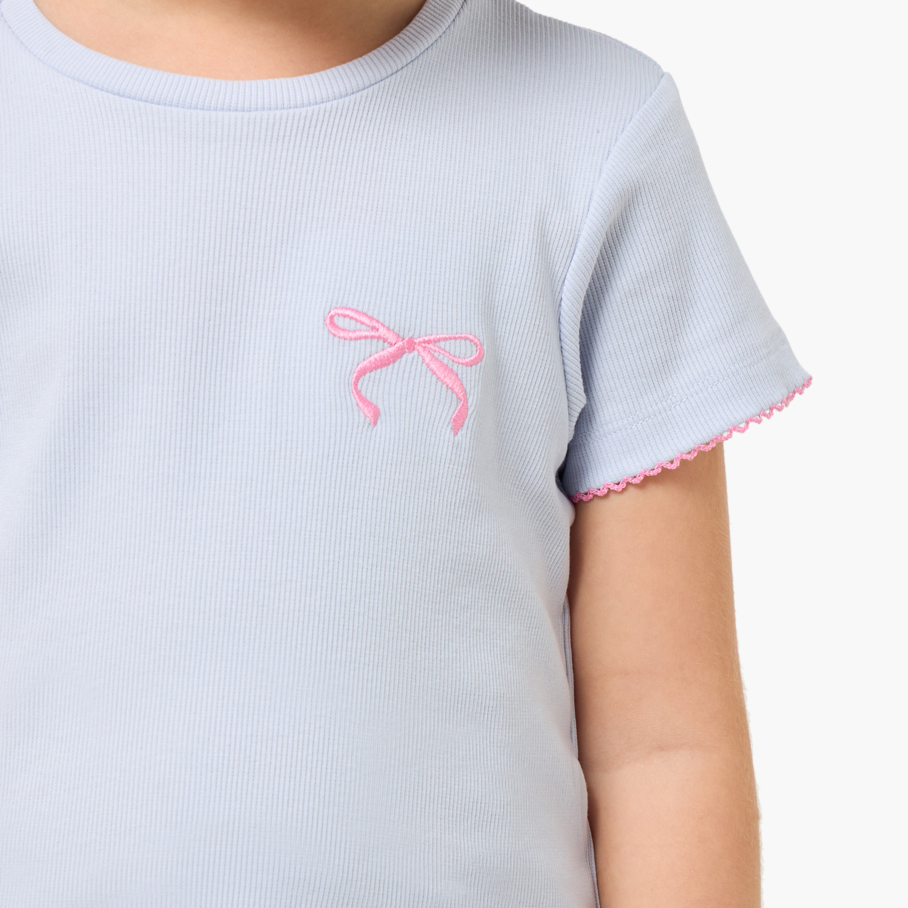 طقم بيجاما قطن بياقة مستديرة وأكمام قصيرة وفيونكة مطرزة من جونيورز-baby-girls-clothing-nightwear-pyjamasets-image-1