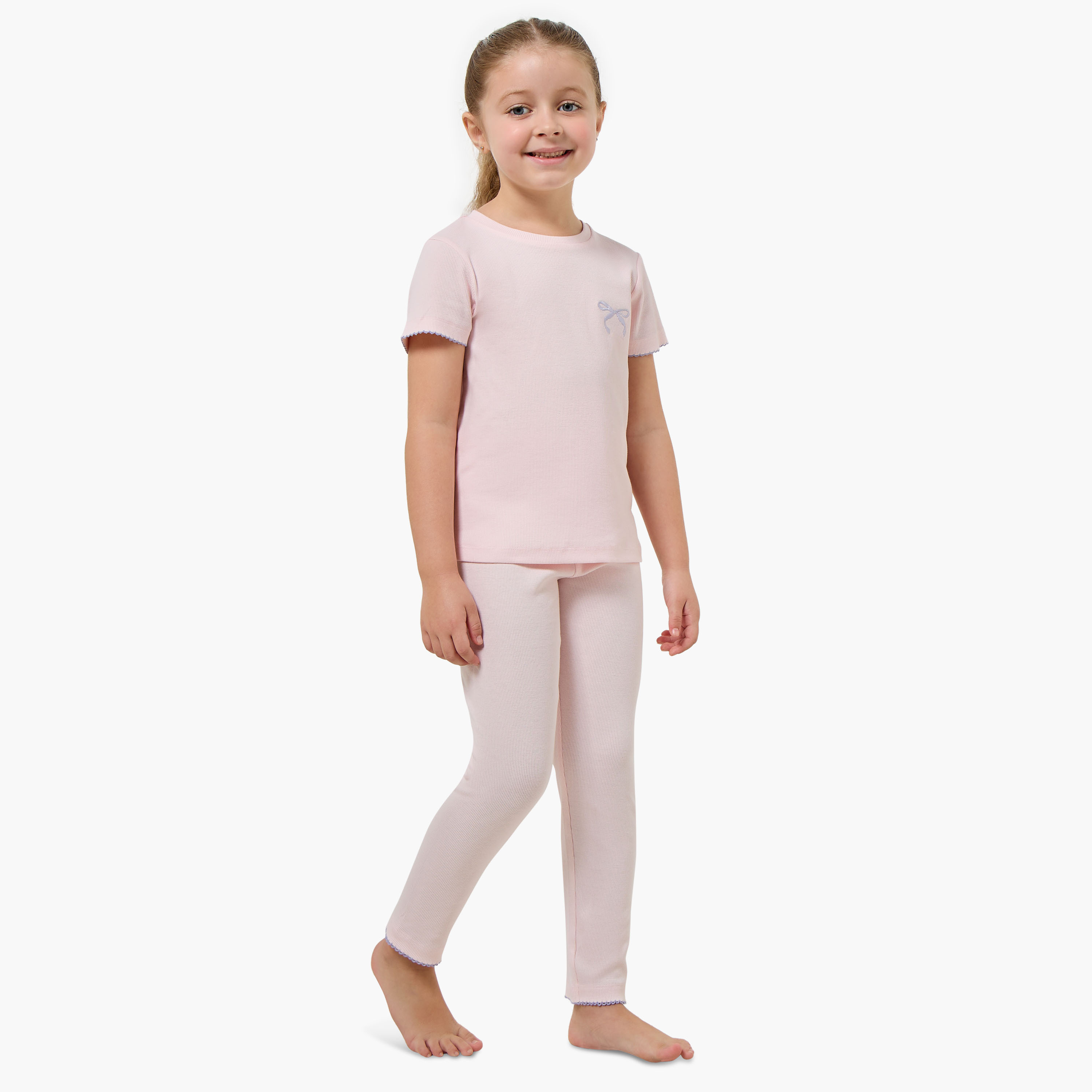 Juniors Cotton Round Neck Short Sleeves Pyjama Set with Embroidered Bow-baby-girls-clothing-nightwear-pyjamasets-image-1
