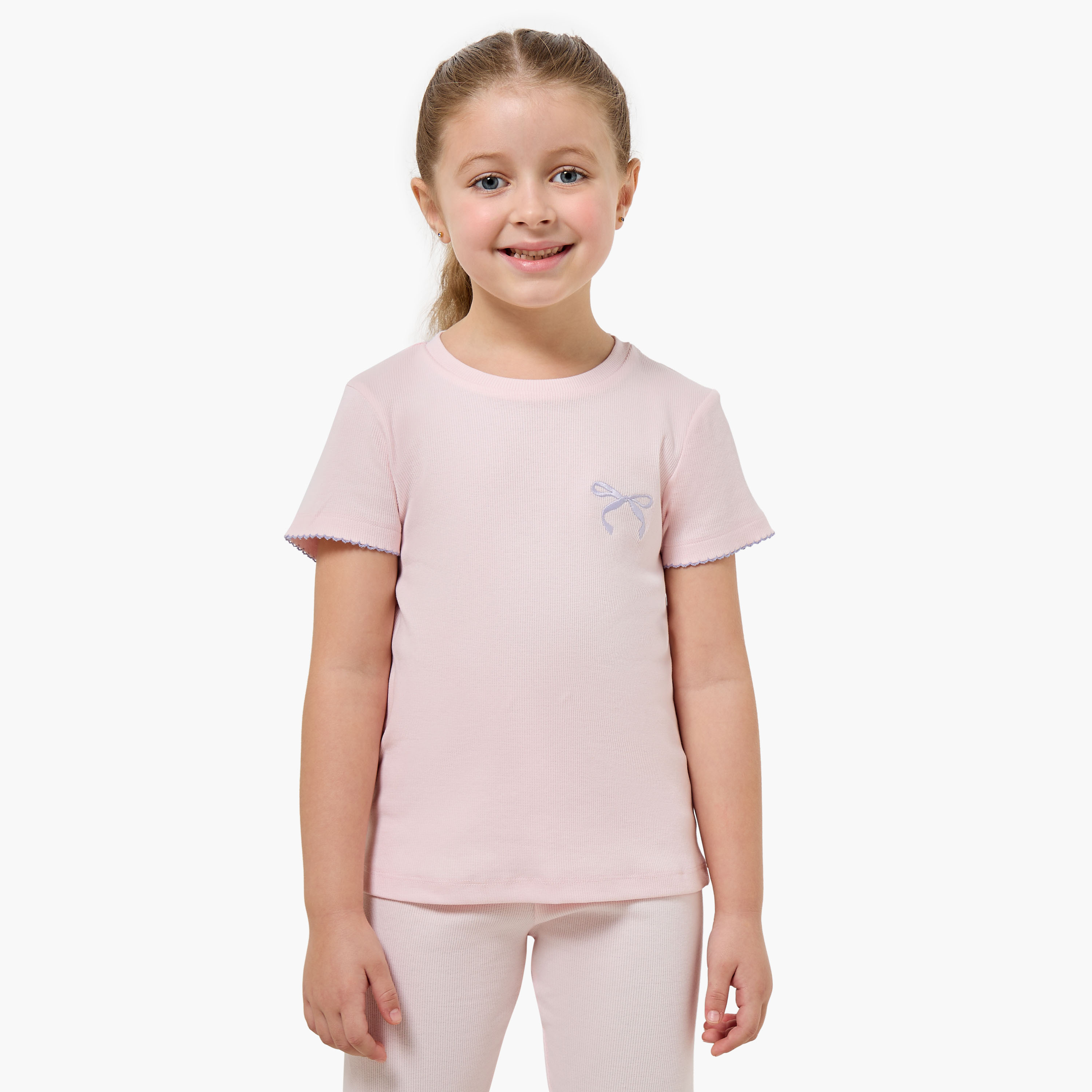 Juniors Cotton Round Neck Short Sleeves Pyjama Set with Embroidered Bow-baby-girls-clothing-nightwear-pyjamasets-image-2