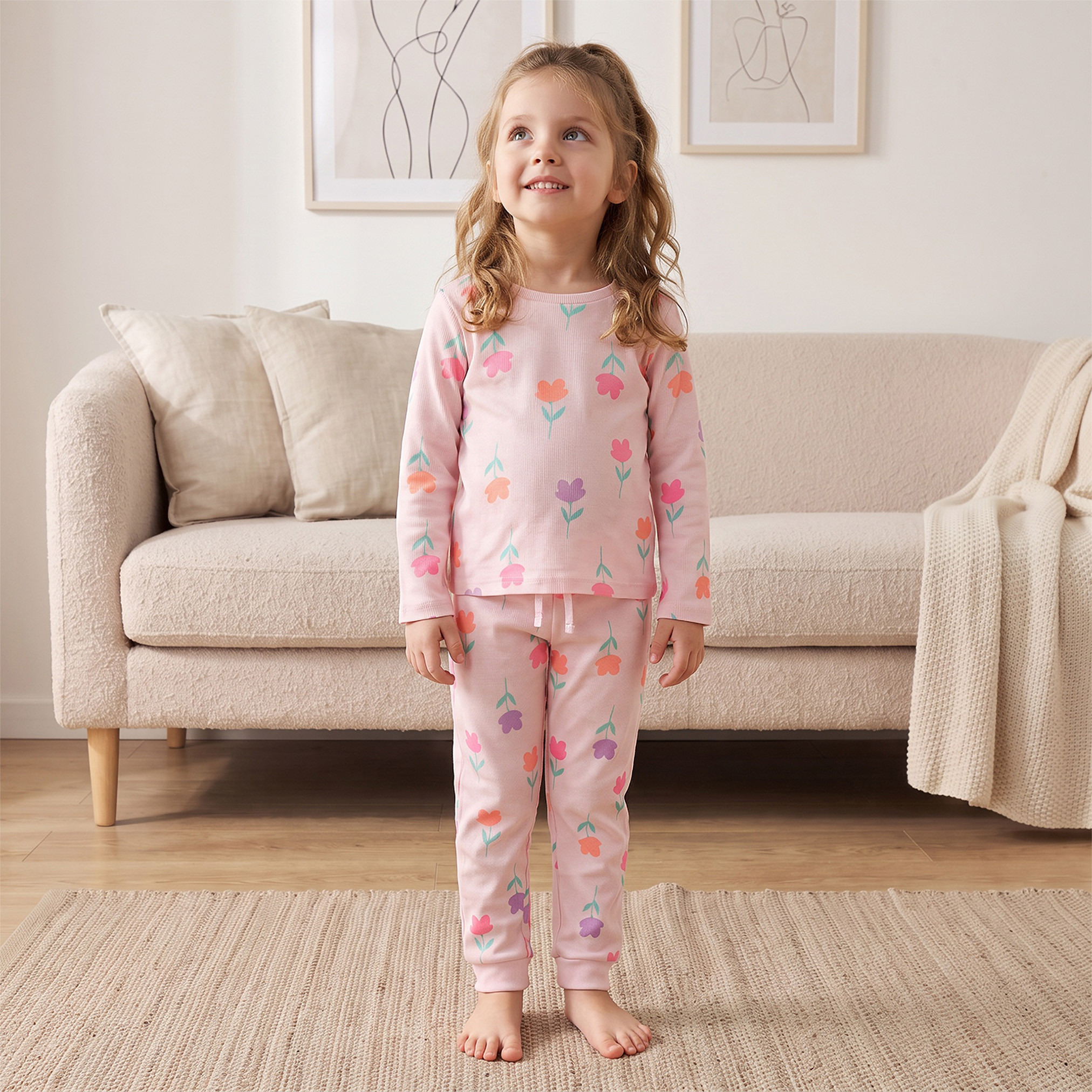 Juniors Crew Neck Long Sleeves Pyjama Set with Floral Print-girls-clothing-nightwear-image-1