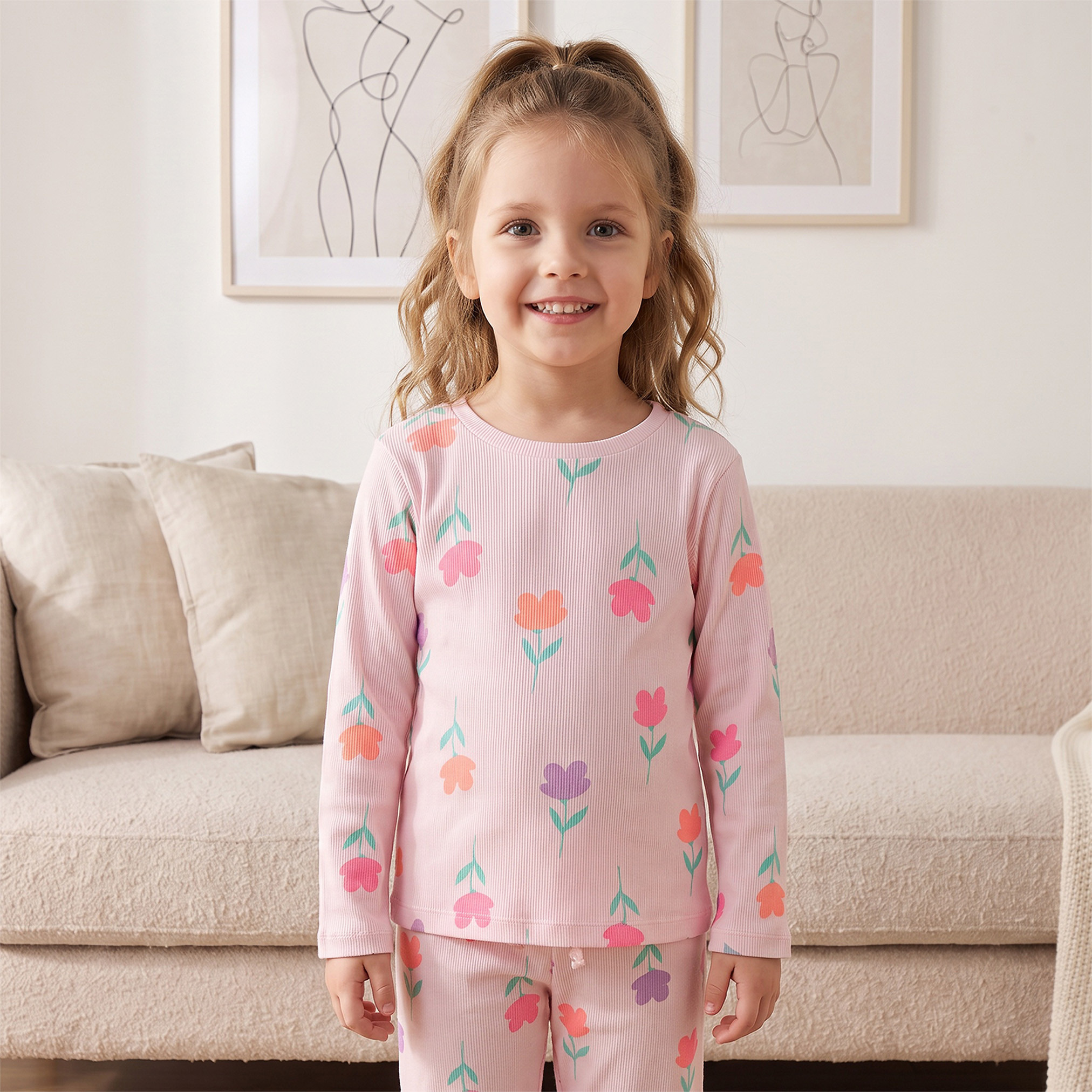 Juniors Crew Neck Long Sleeves Pyjama Set with Floral Print-girls-clothing-nightwear-image-2