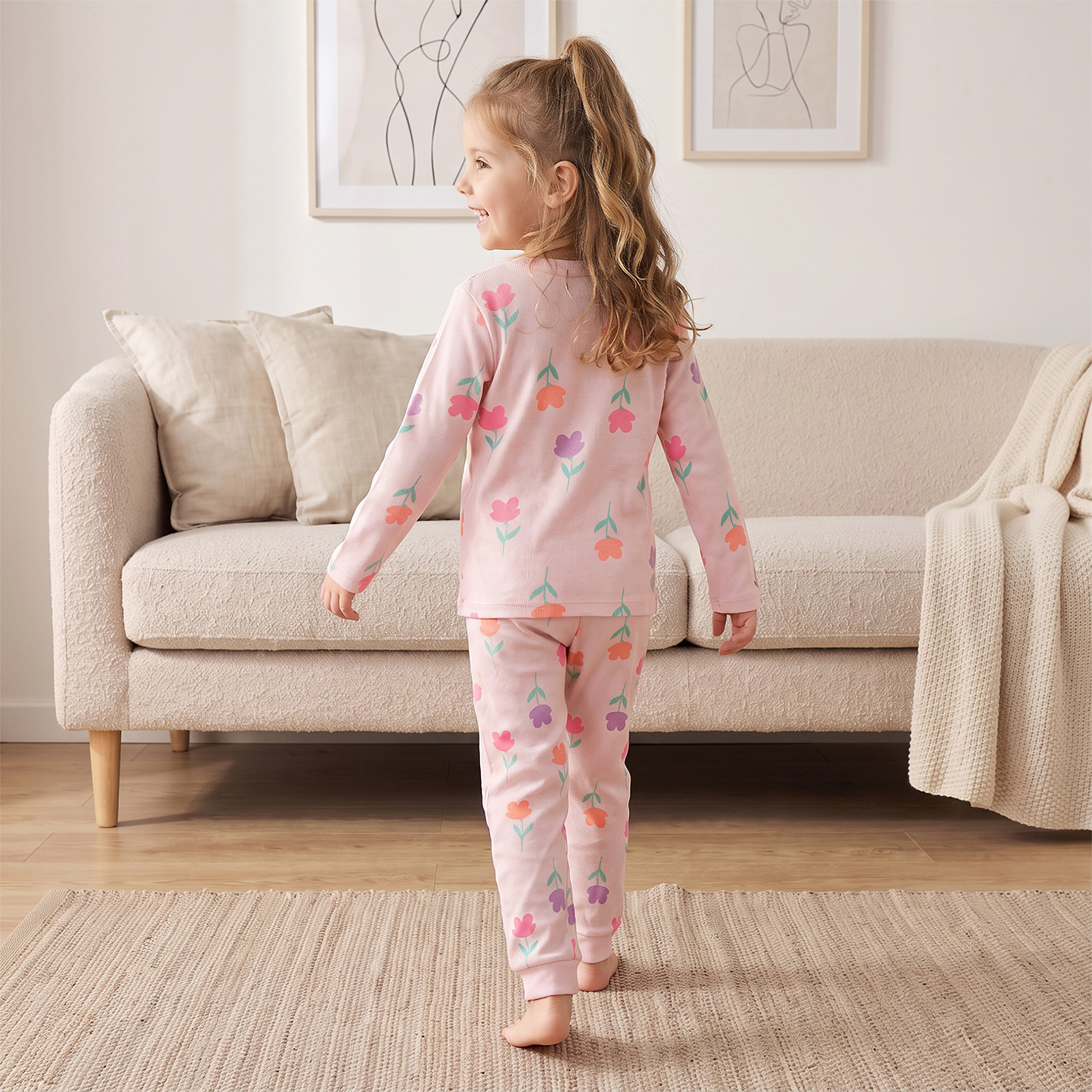 Juniors Crew Neck Long Sleeves Pyjama Set with Floral Print-girls-clothing-nightwear-image-4